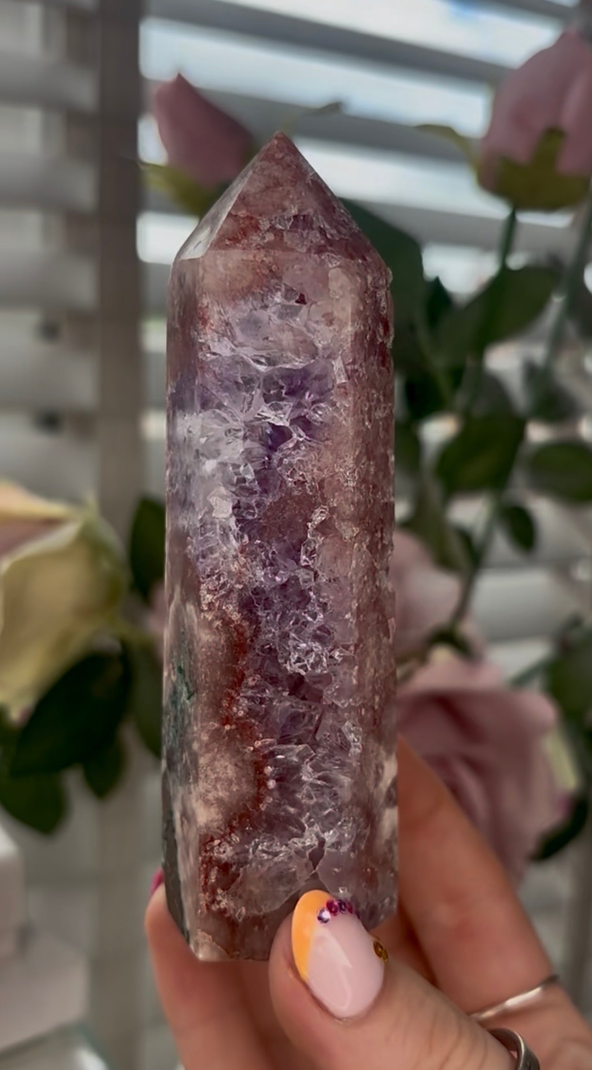 Pretty, Pink amethyst tower with quartz & Green jasper