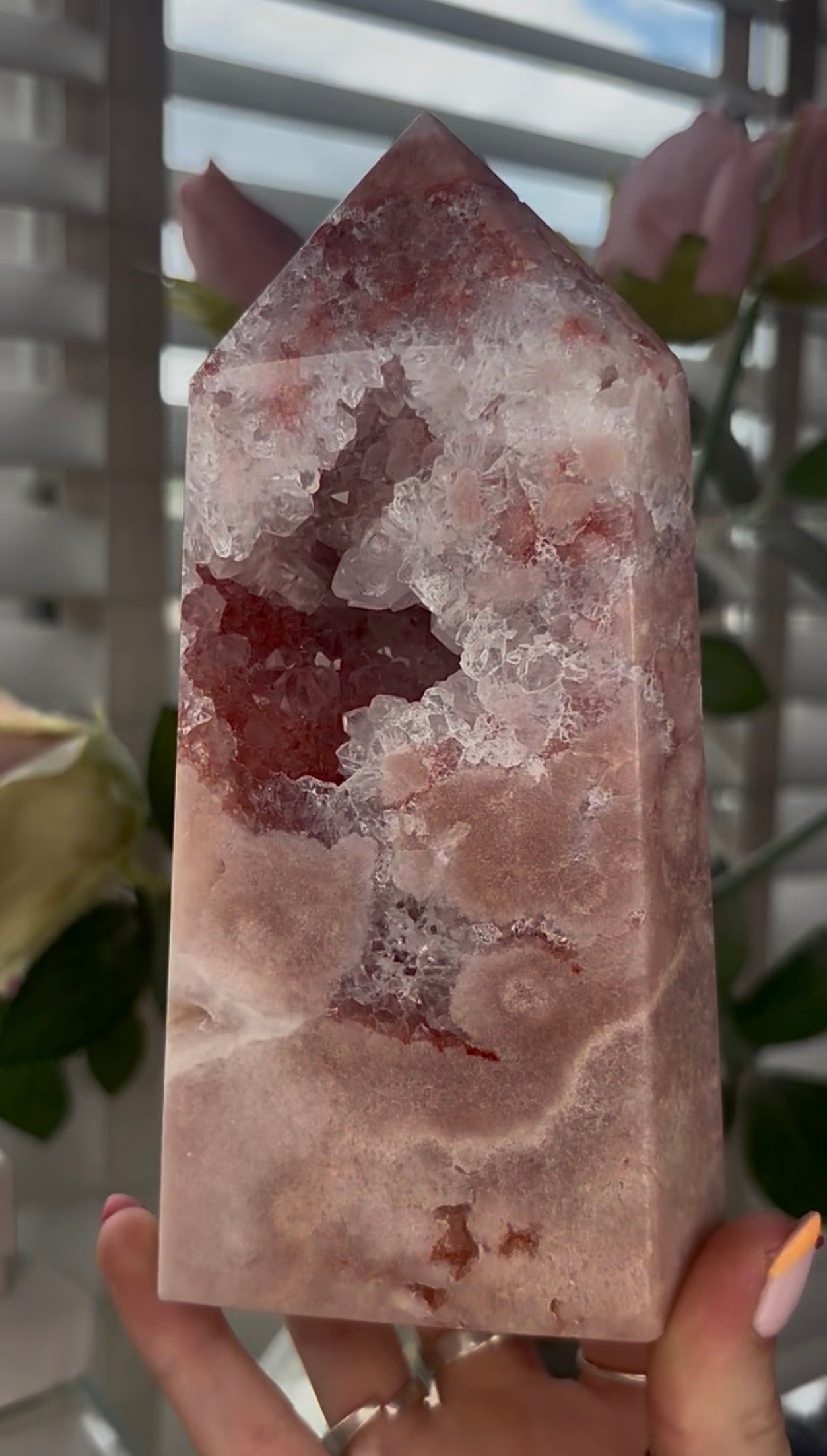 Pretty, large, high quality, Pink amethyst tower in a peach tone with quartz Druze