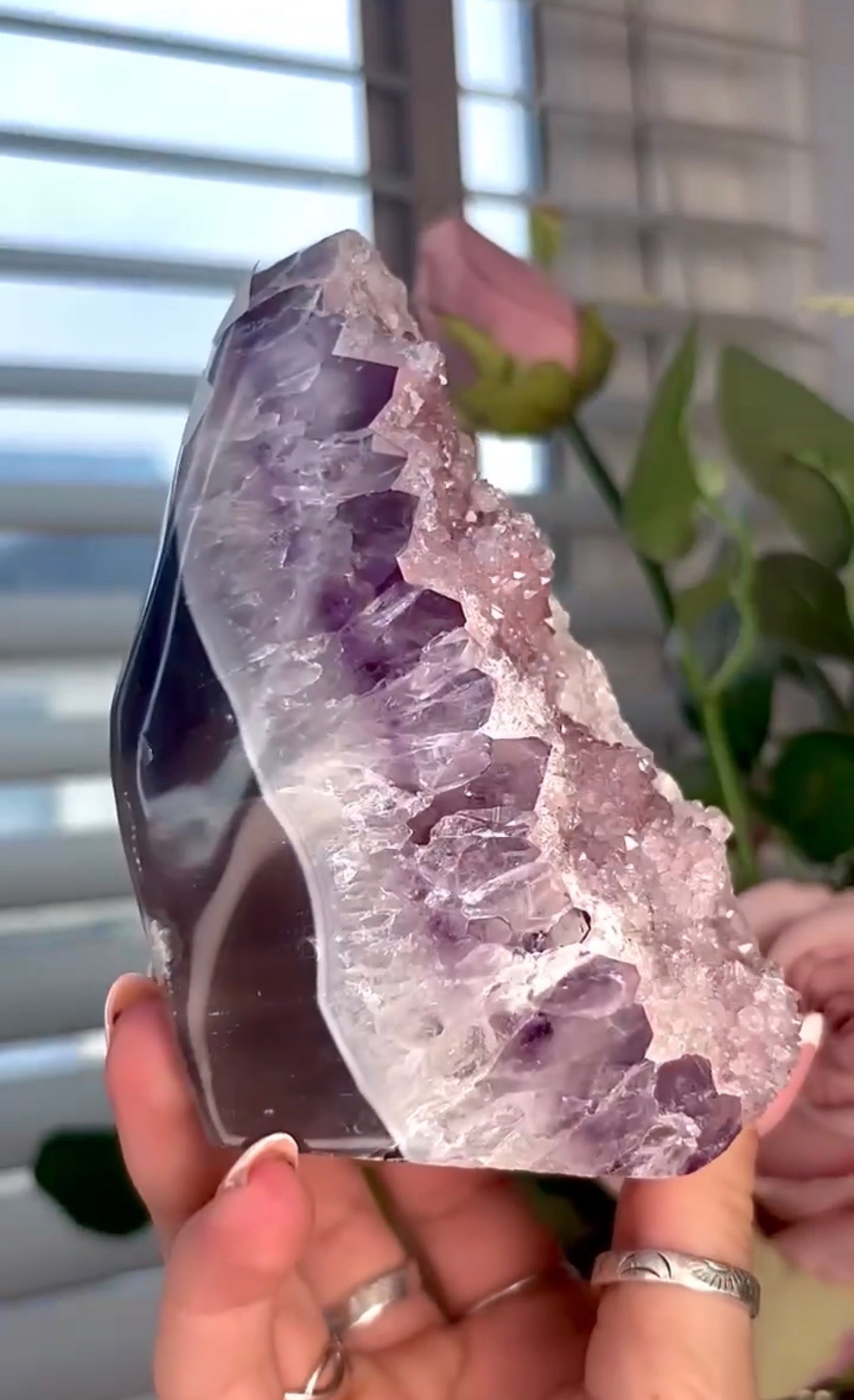 High quality, pink toned, rainbow amethyst on purple agate, cutbase