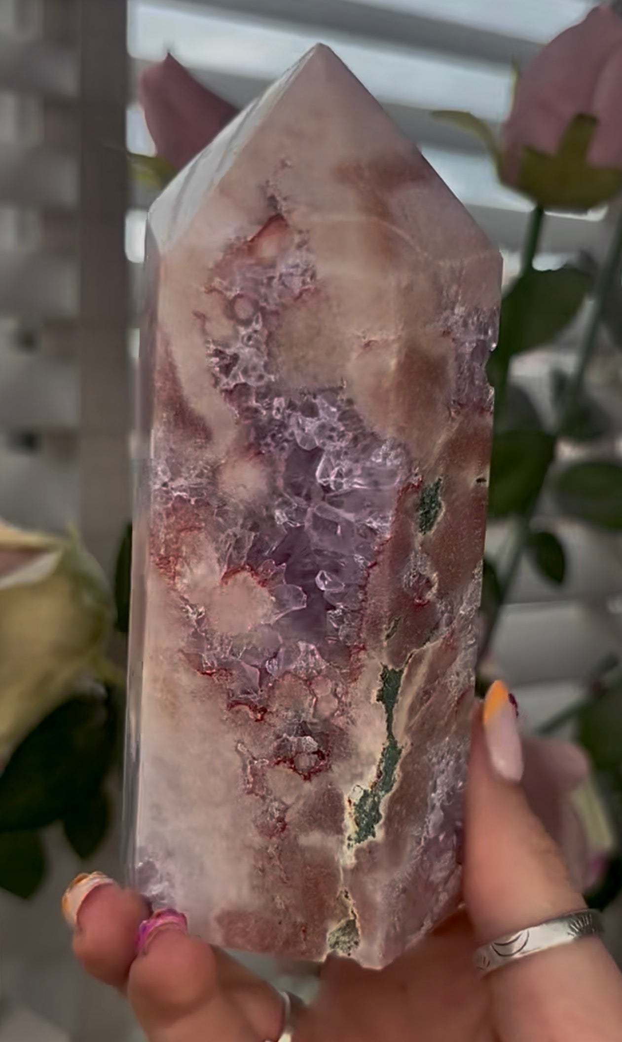 Pretty, Pink amethyst tower, with purple quartz druzy