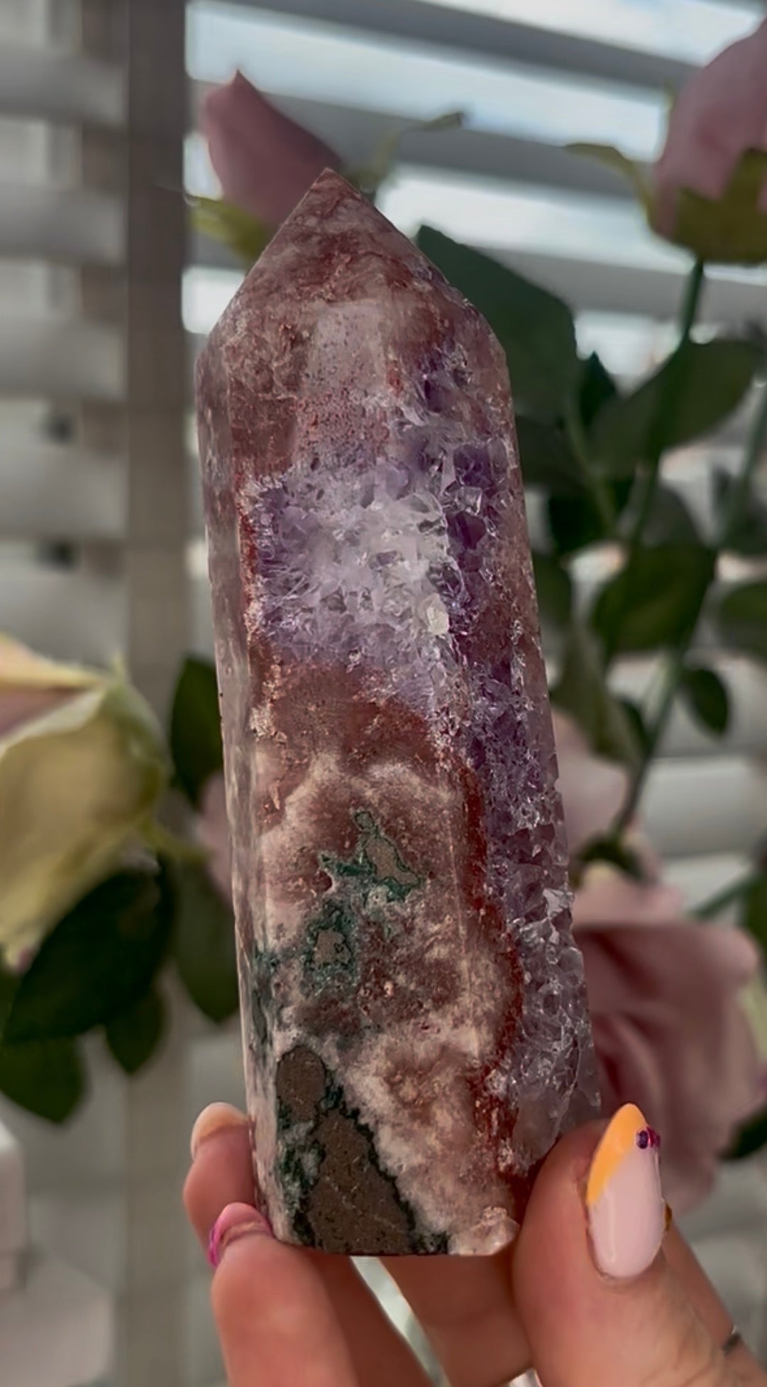 Pretty, Pink amethyst tower with quartz & Green jasper
