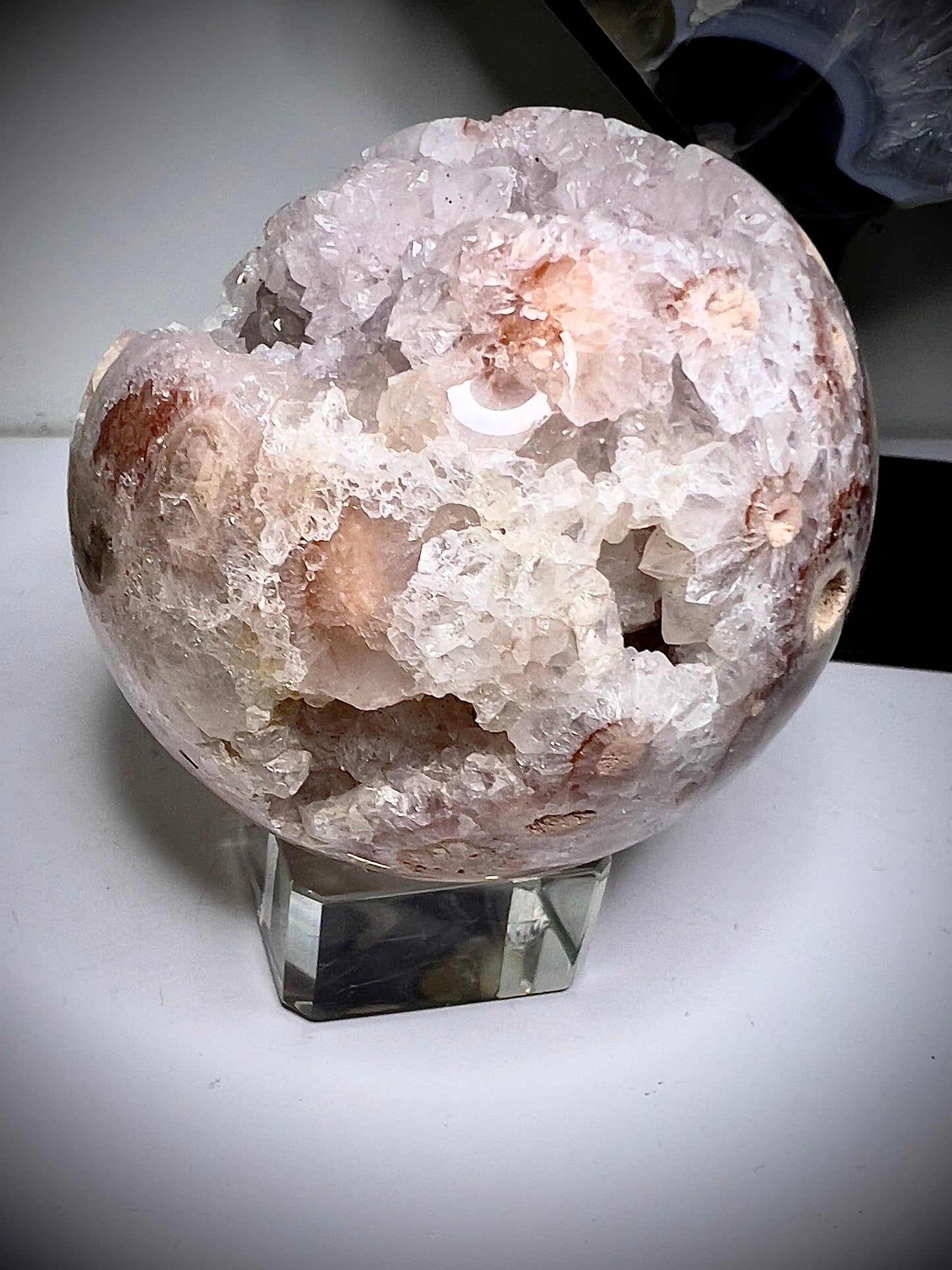 Amethyst x bright pink flower agate “open mouthed druzy” sphere 395g 7cm