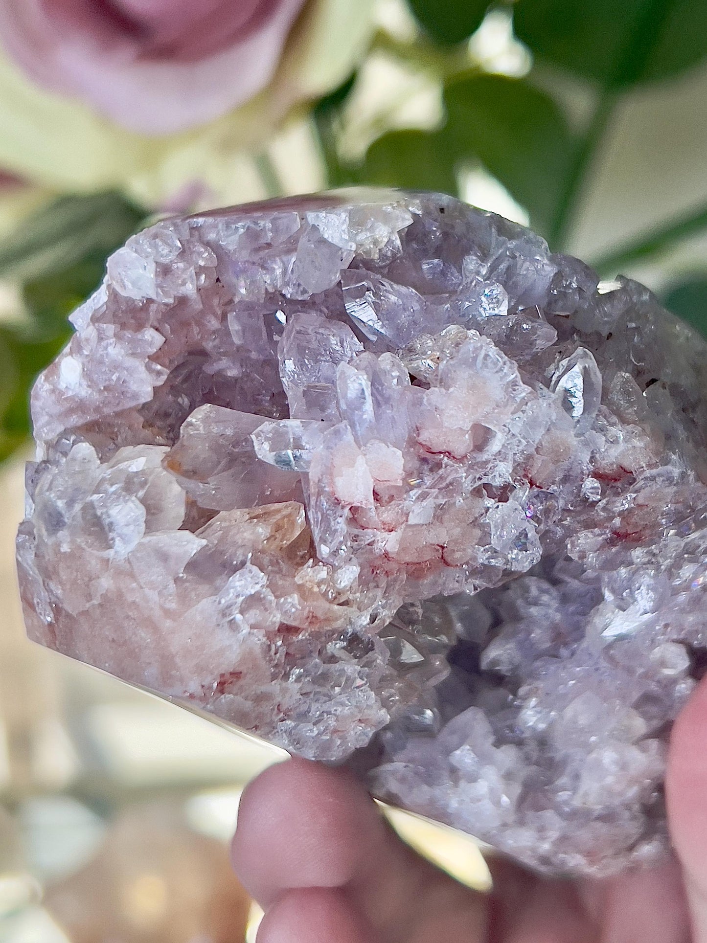 High grade, pink amethyst tower with high grade quartz druzy 370g