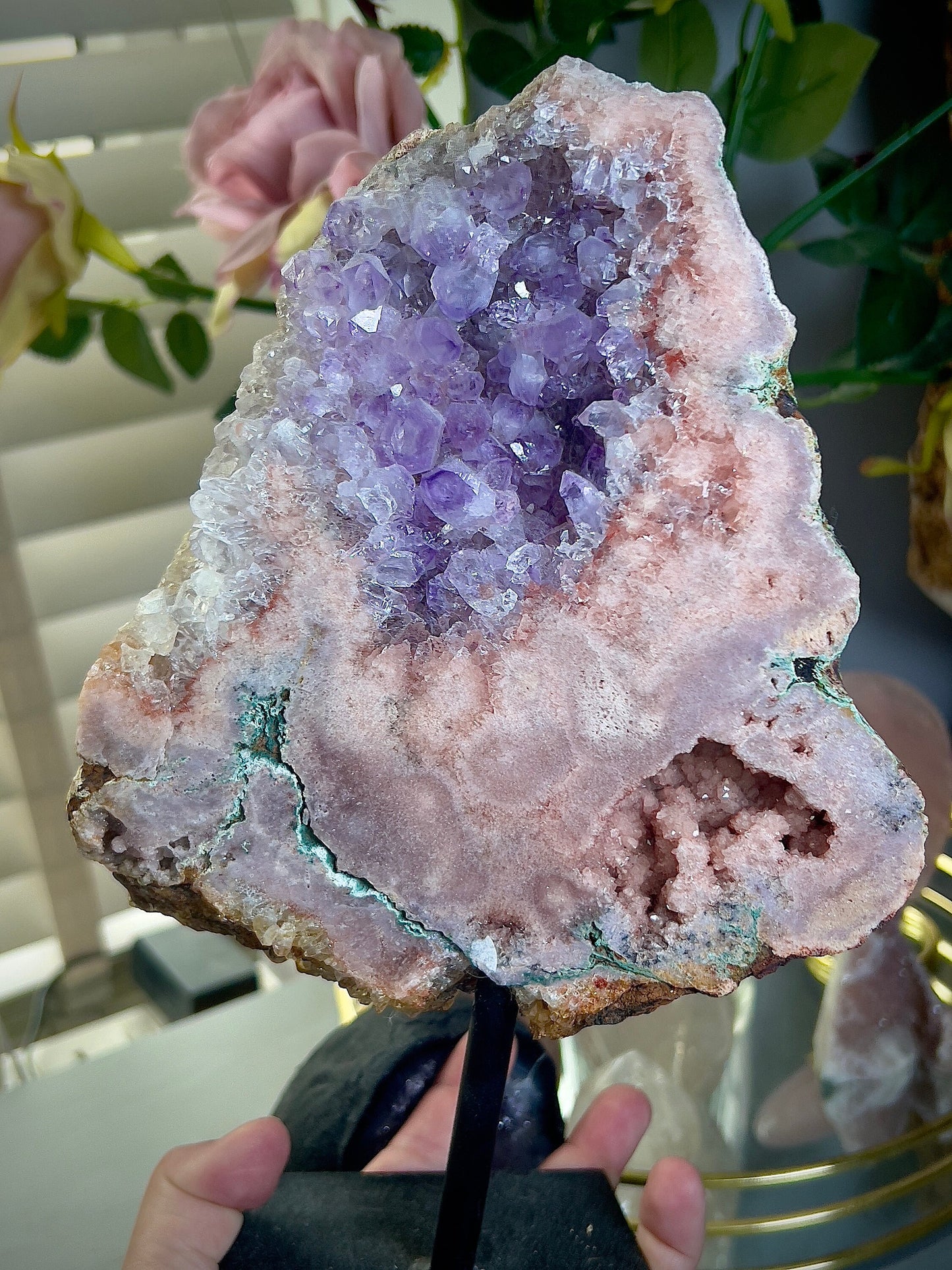 Extra high grade, pink amethyst slab on stand with purple quartz