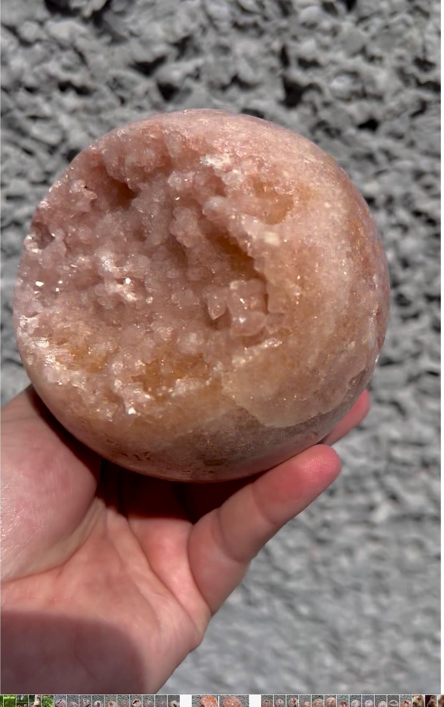 large, vibrant peach toned pink amethyst sphere with sugar druzy cave 1.173kg