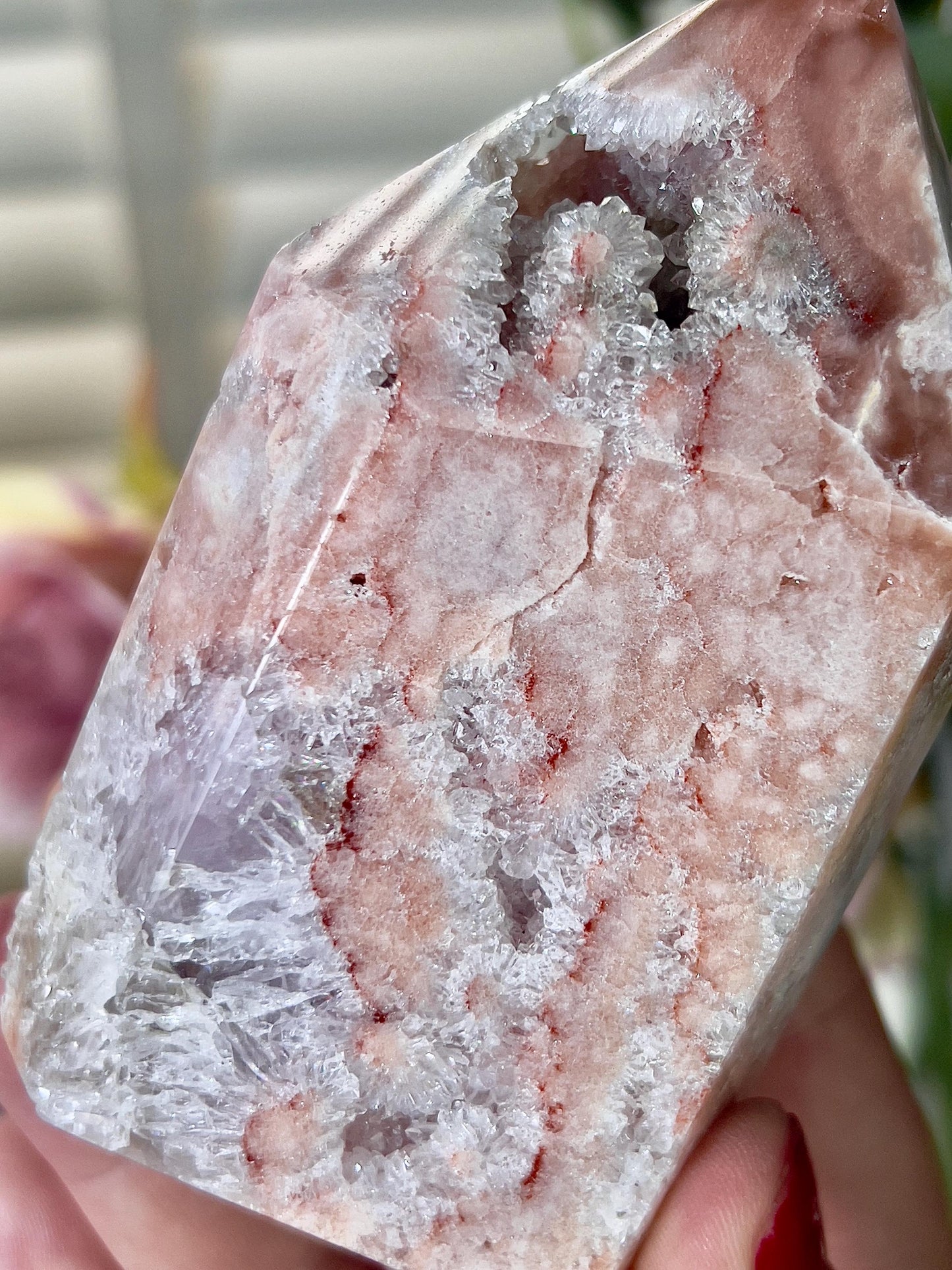 High quality, druzy, peach toned, pink amethyst tower with quartz 360g 10cm(h) 5.5cm(w)