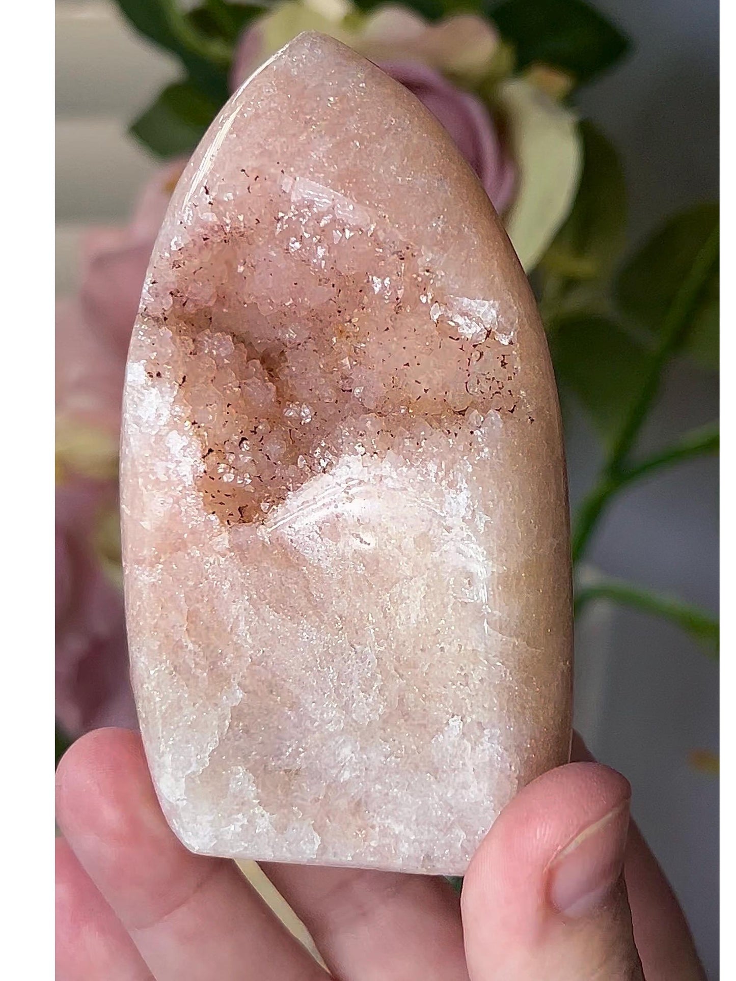 High grade, peach toned pink amethyst flame