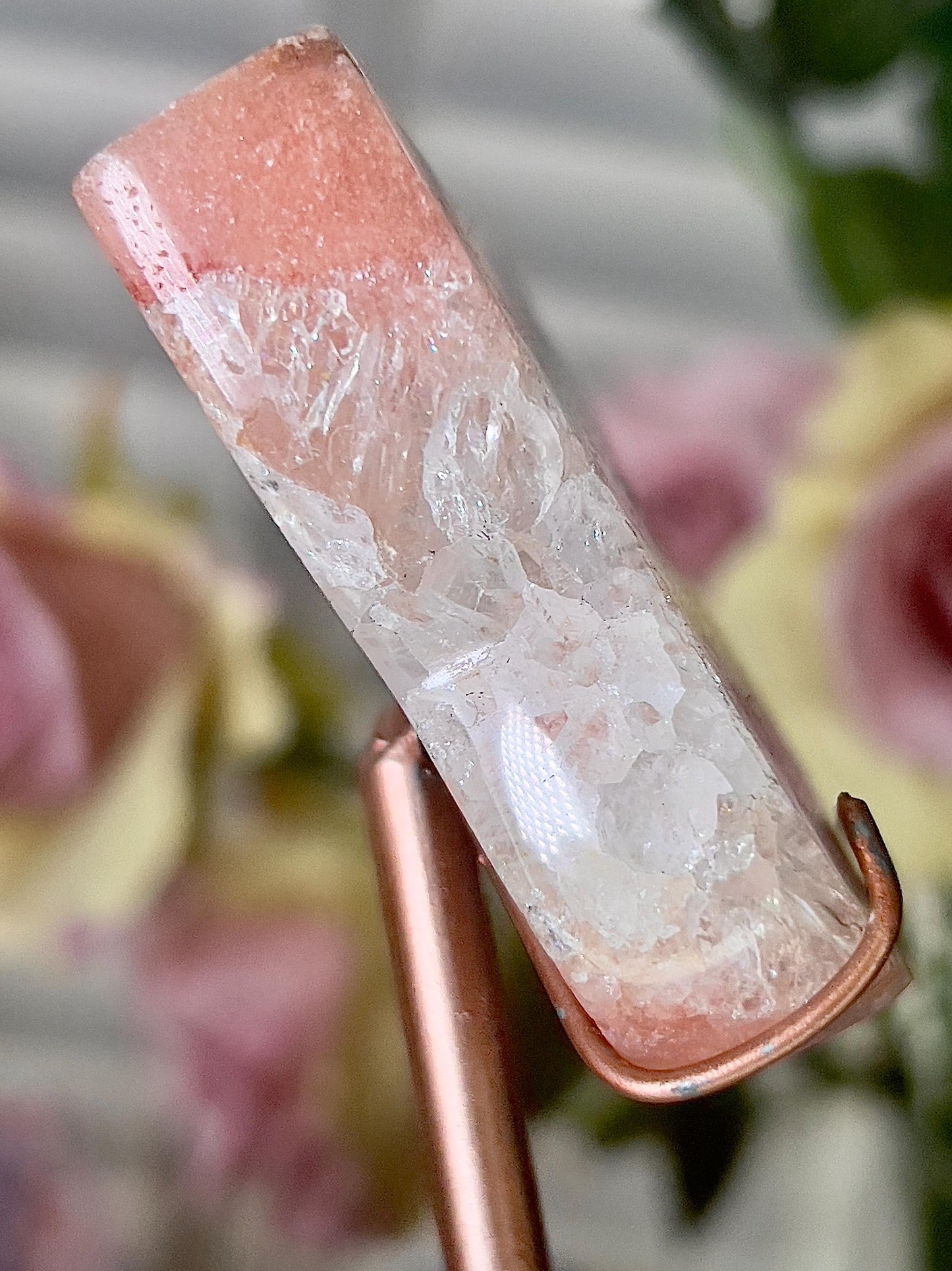 Pink amethyst butterfly in a peach tone with flower on stand