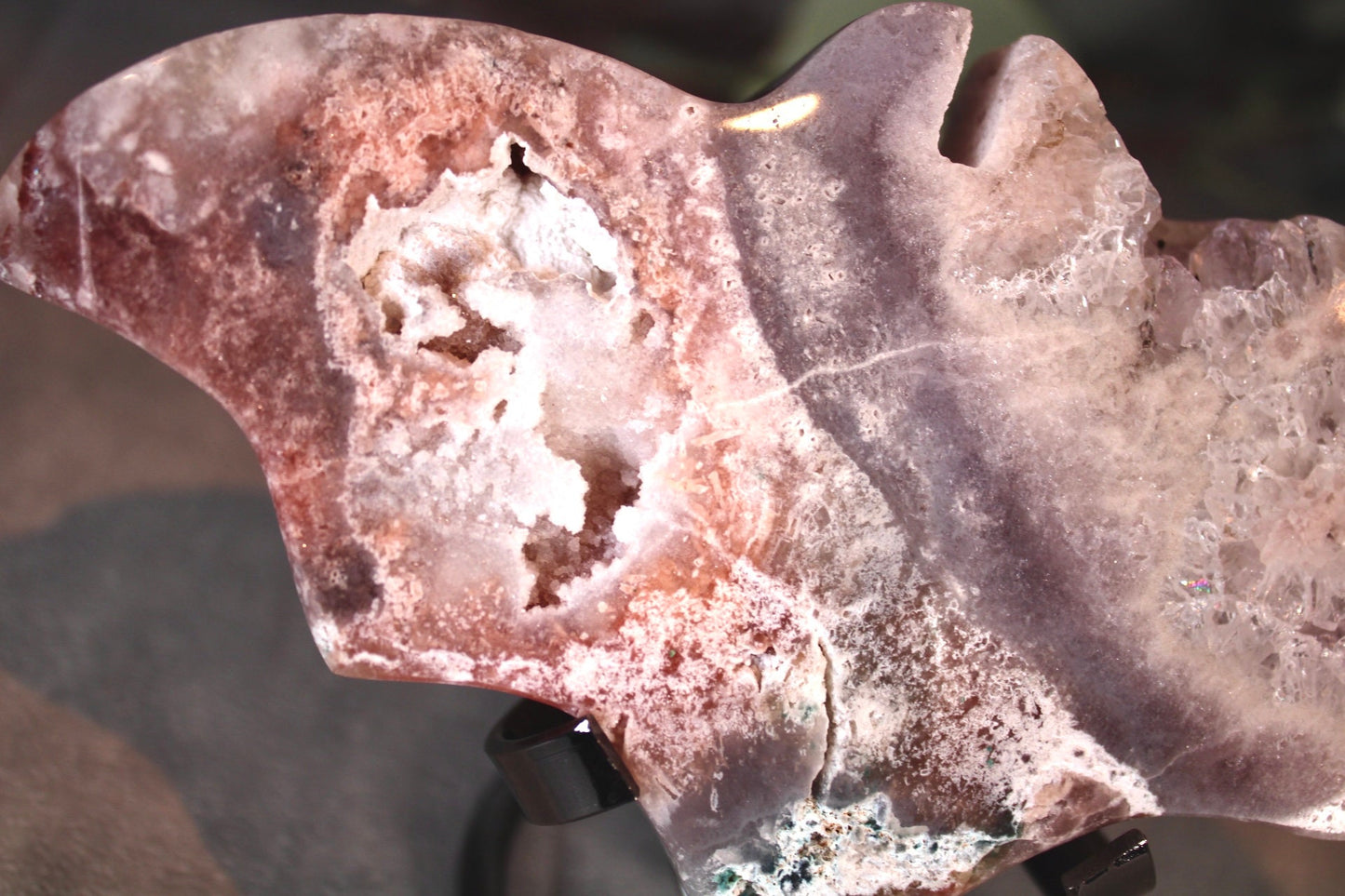 Stunning, high quality, multi coloured, pink amethyst bat carving 340g 15cm(W) 9cm(H)