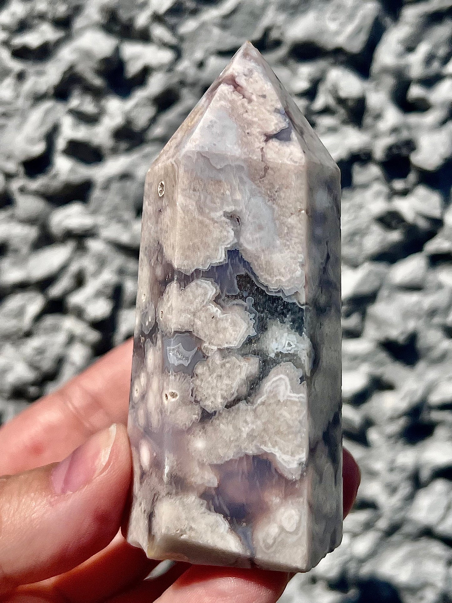 High grade Black, blue & pink flower agate tower