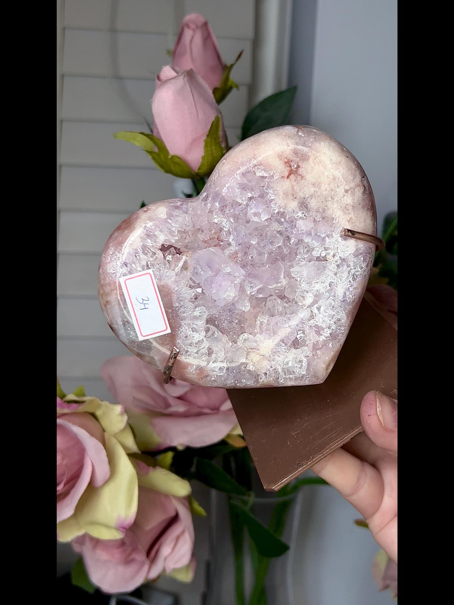 High grade, stunning, pink amethyst heart with lilac quartz on stand