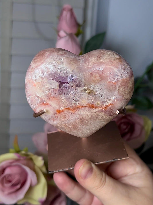 High grade, pink amethyst heart with purple quartz & hematite lining with stand