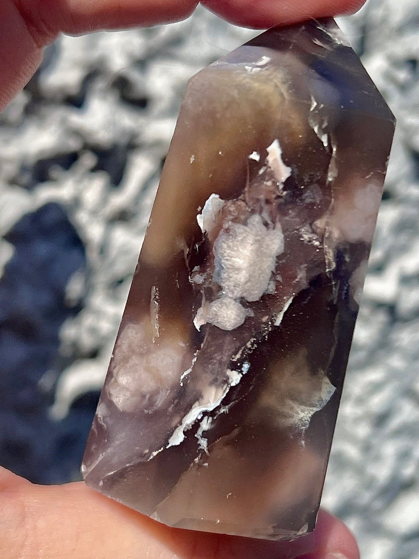 black flower agate tower with druzy cave