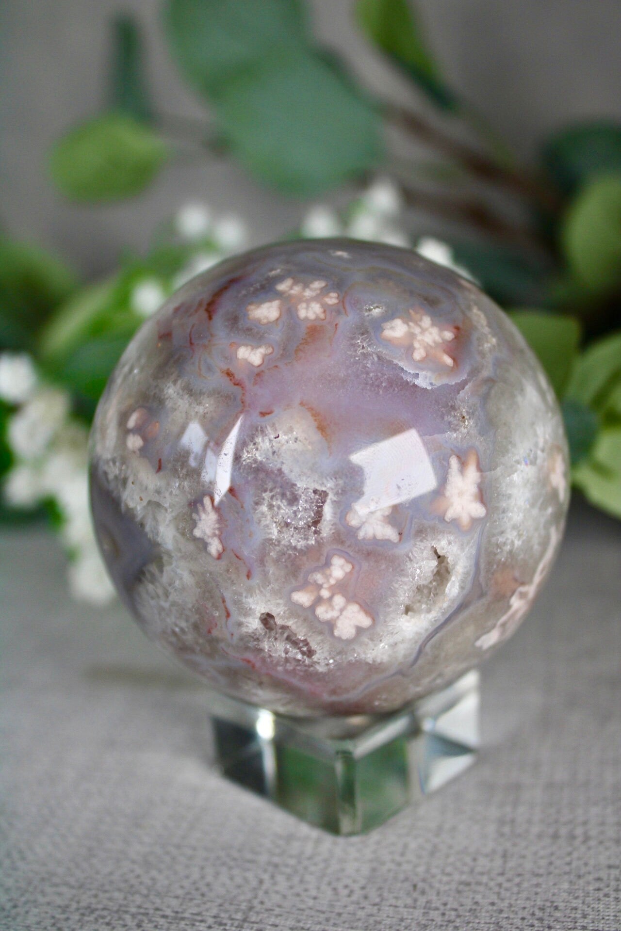 High quality, chlorite x flower agate sphere 535G 7CM