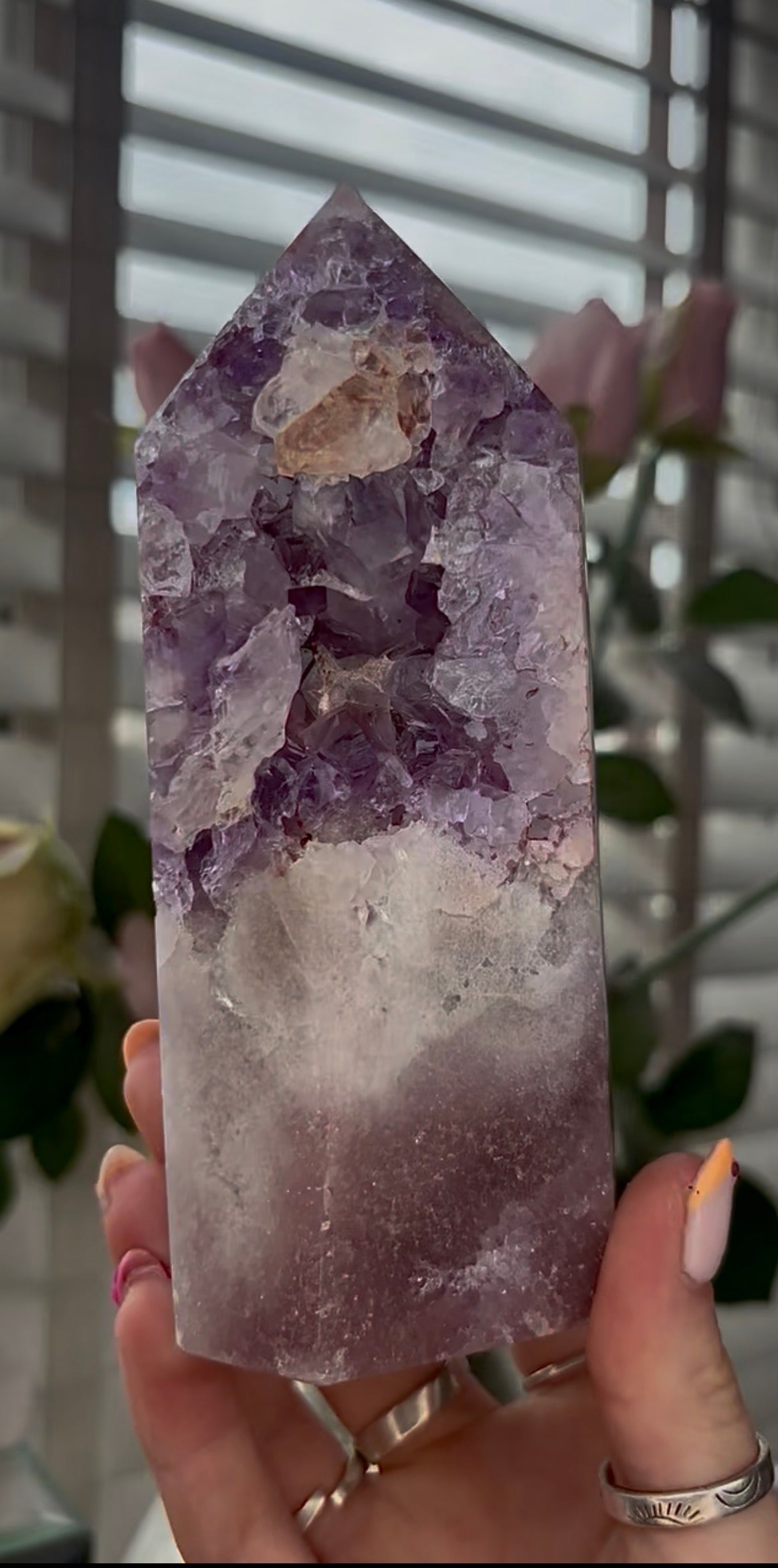 High quality, Pink amethyst tower, with purple quartz druzy