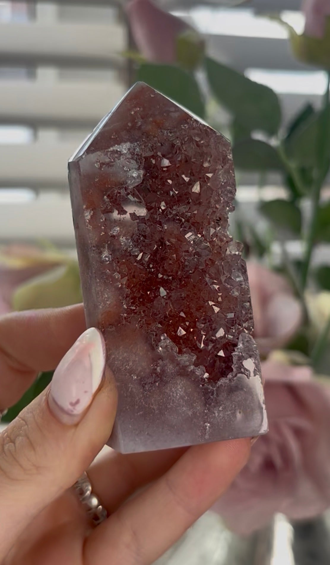 Beautiful, high quality, Pink amethyst tower in berry tones with sugar druzy