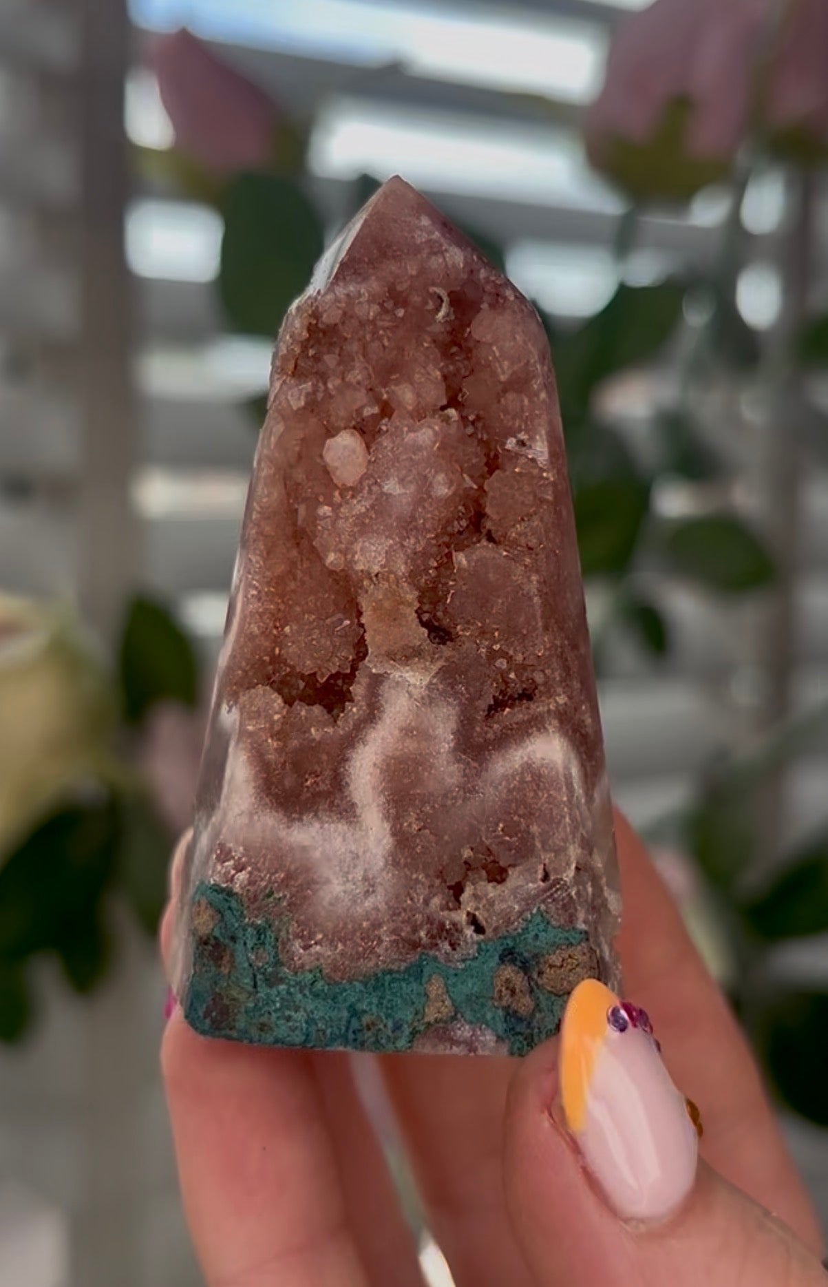 Beautiful, Pink amethyst tower in a burnt orange tone with green jasper