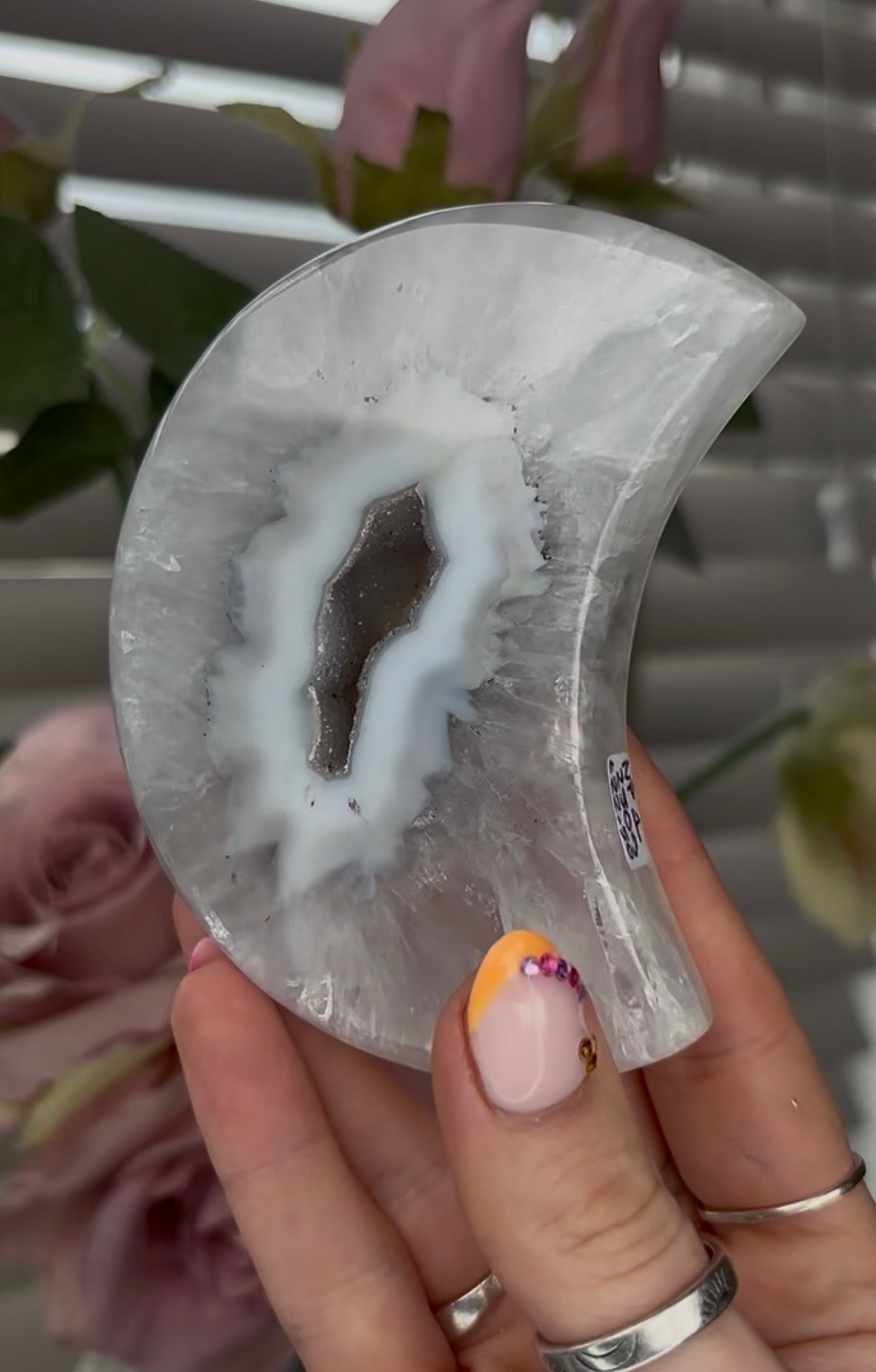 Beautiful, high grade, agate moon with druzy - comes with stand