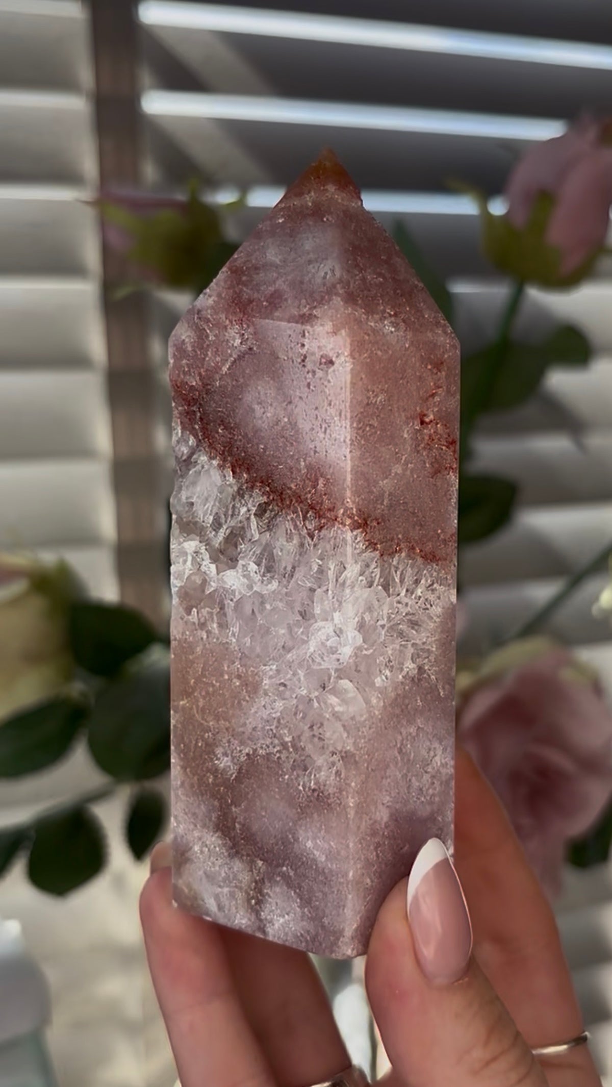 Beautiful, Pink amethyst tower with quartz 12.5cm(h) by 5cm(w)
