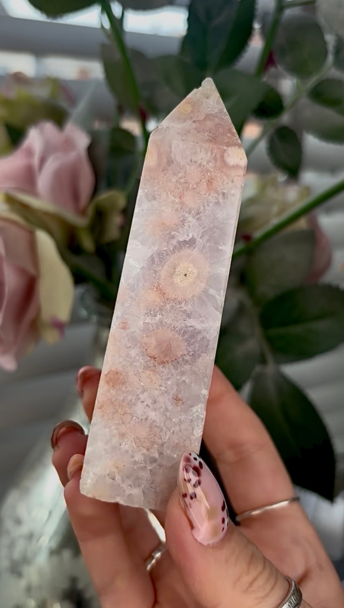 Pink amethyst Flower agate tower with quartz