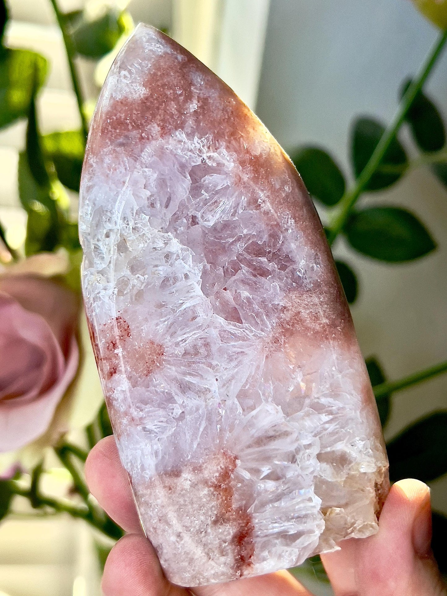 High grade, pink amethyst flame with a red tone and quartz druzy