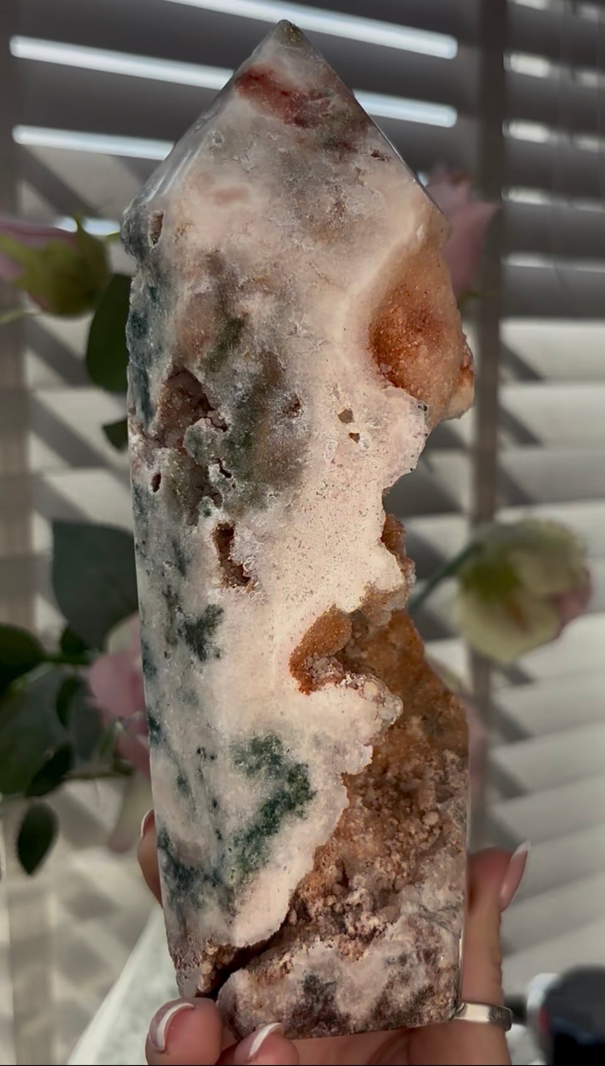 Beautiful, Pink amethyst tower with Jasper 19.5cm(h) by 7.5cm(w)