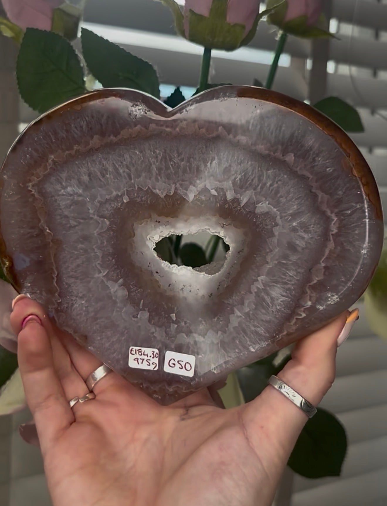 Beautiful, high quality, agate heart with druzy - stand included