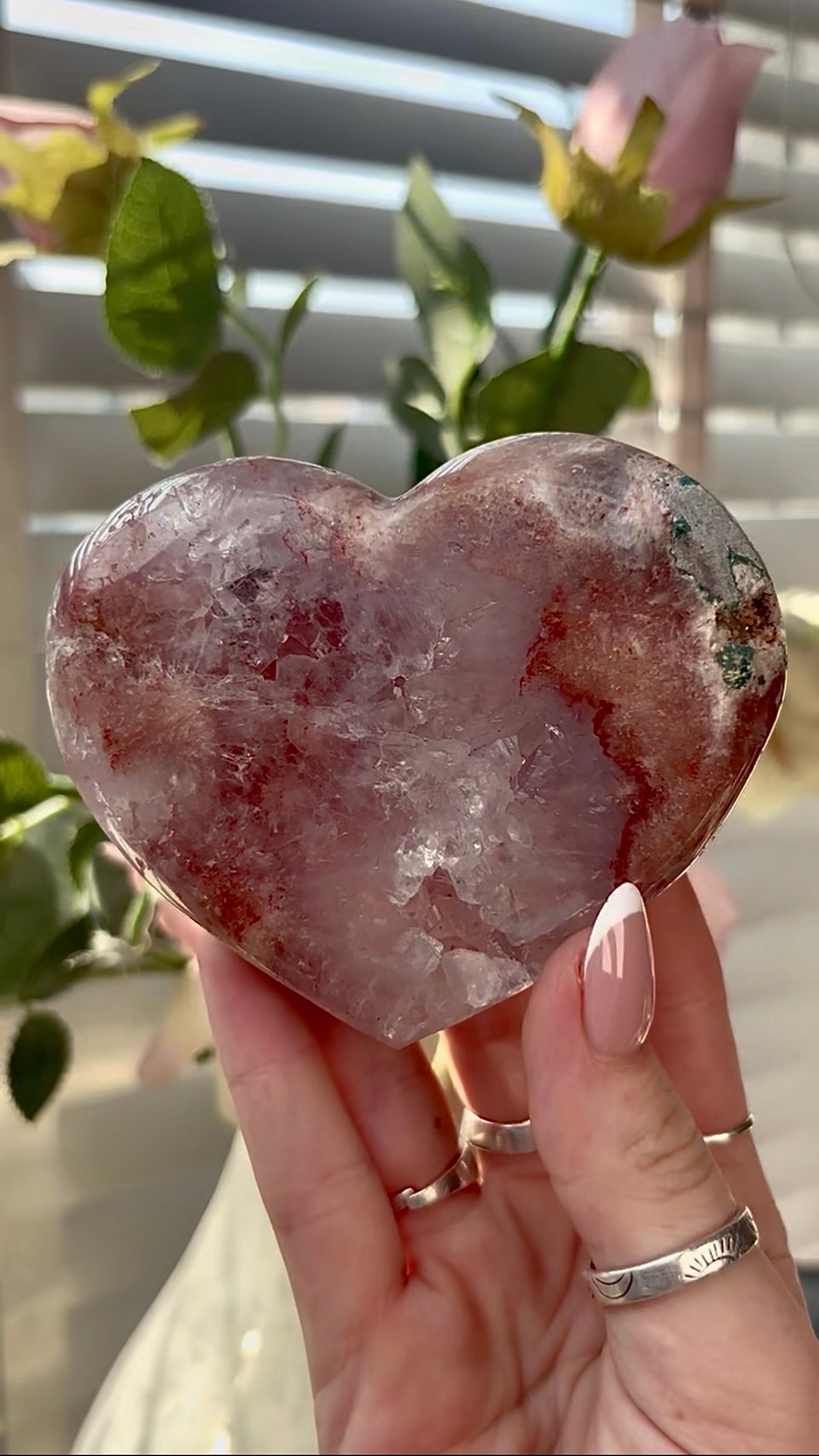 Gorgeous, berry red & pink amethyst heart with quartz - comes with stand