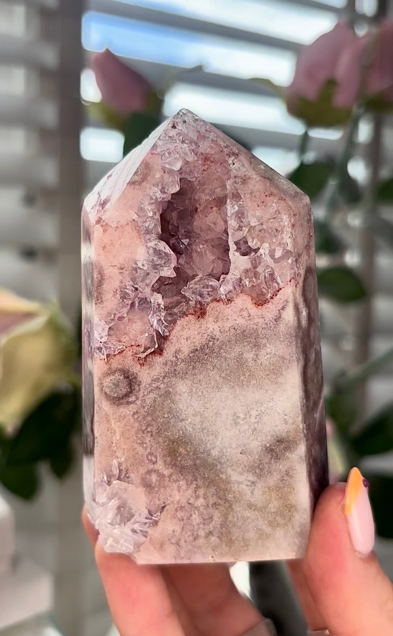 Beautiful, Pink amethyst tower with quartz druzy