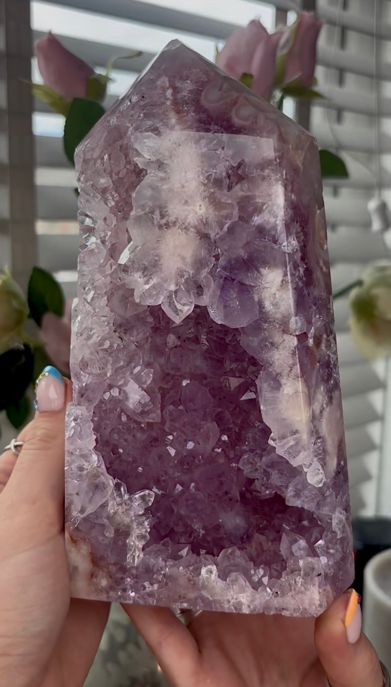 Beautiful, large, high quality, Pink amethyst tower with lilac tone quartz 20.5cm by 11cm