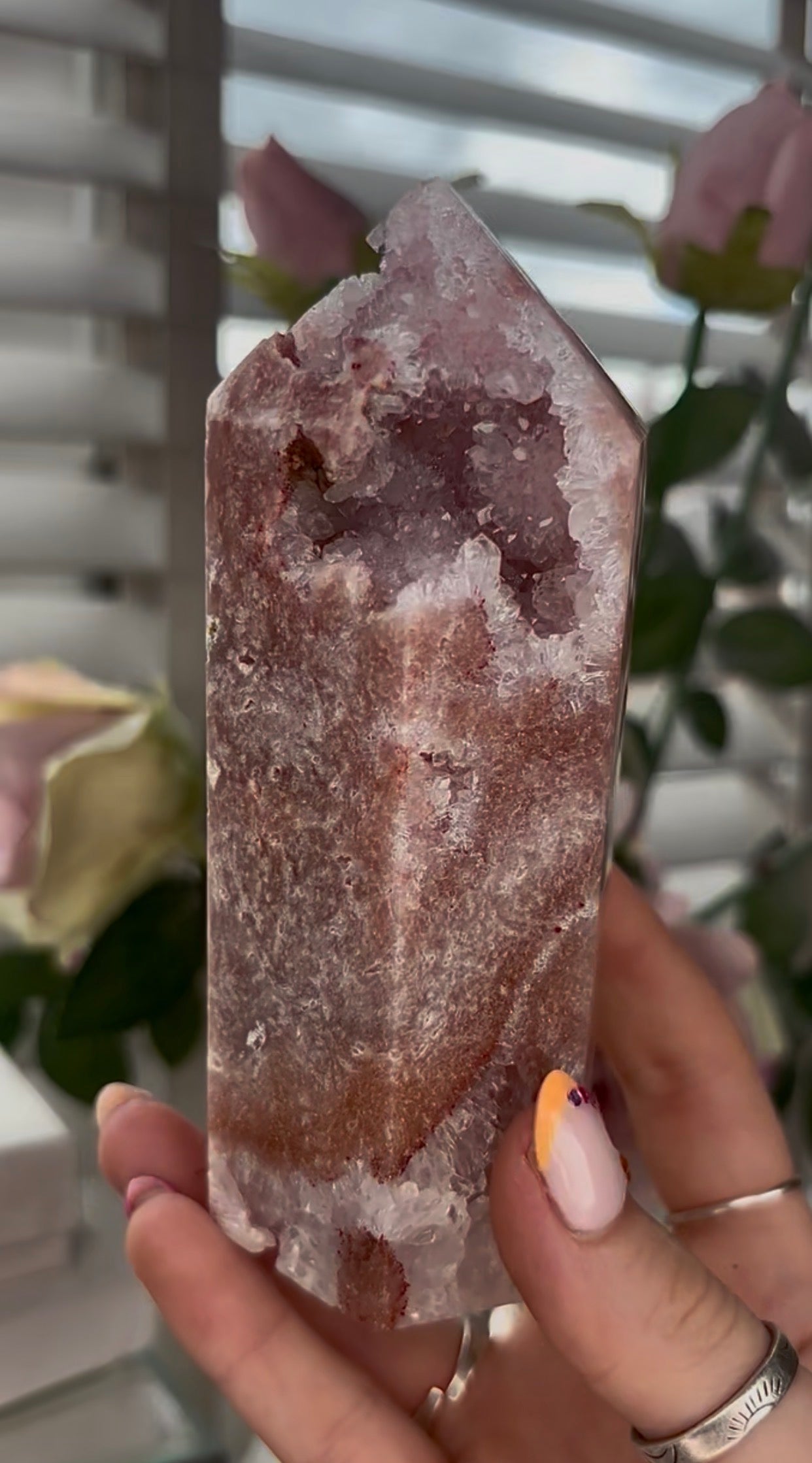 Pretty, Pink amethyst tower with quartz druzy
