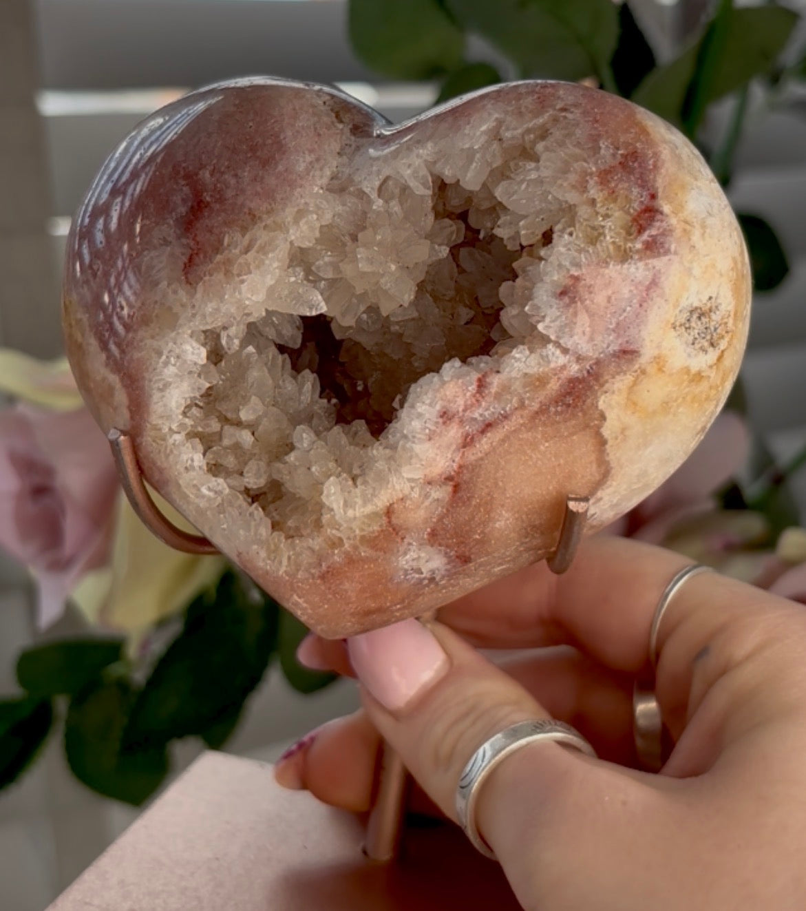 pink amethyst heart - comes with stand