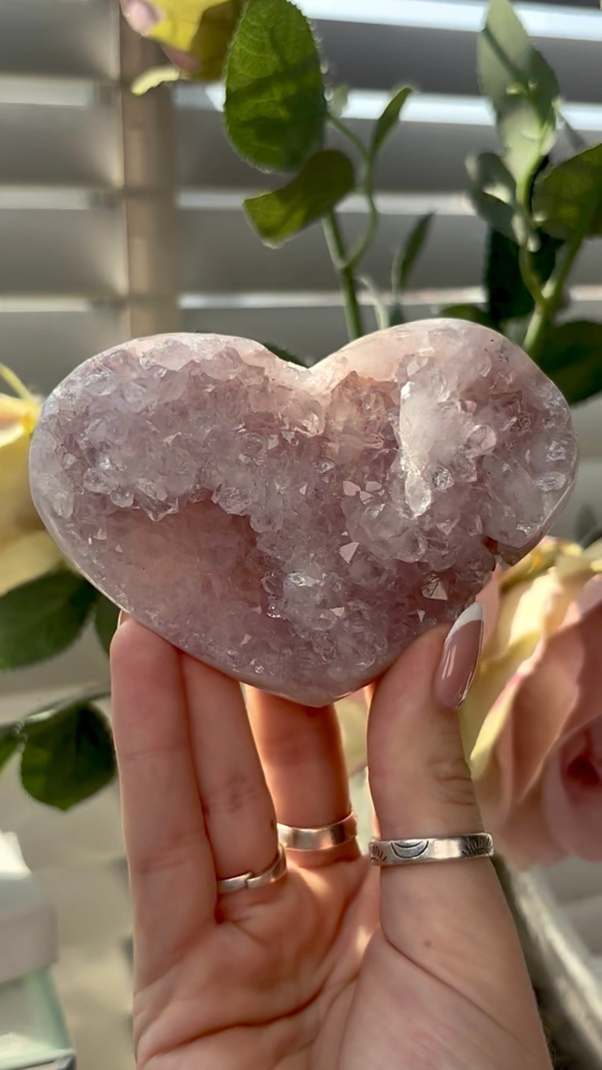 Gorgeous,  druzy pink amethyst heart- comes with stand