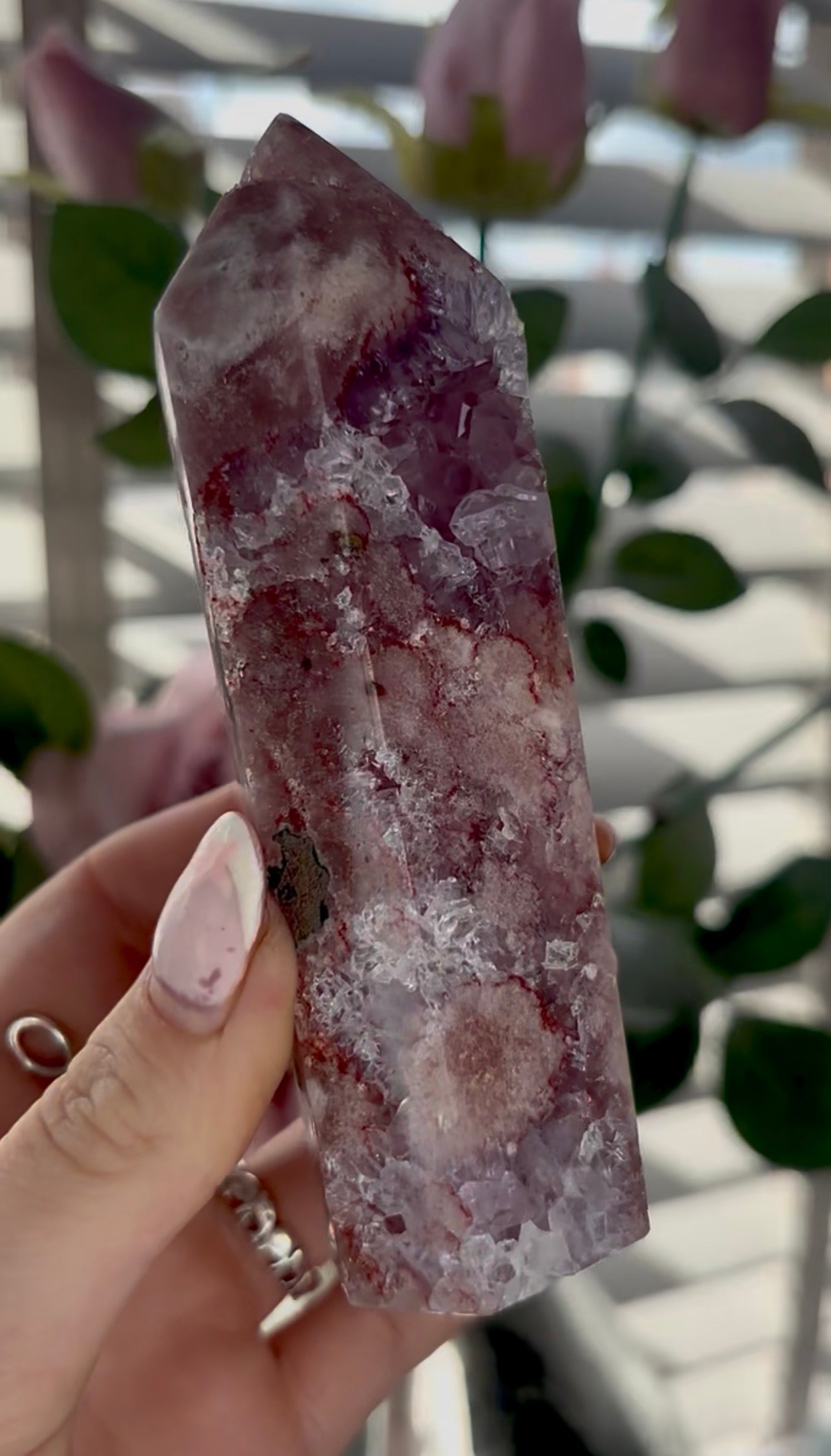 Beautiful, high quality, Pink amethyst tower with purple quartz