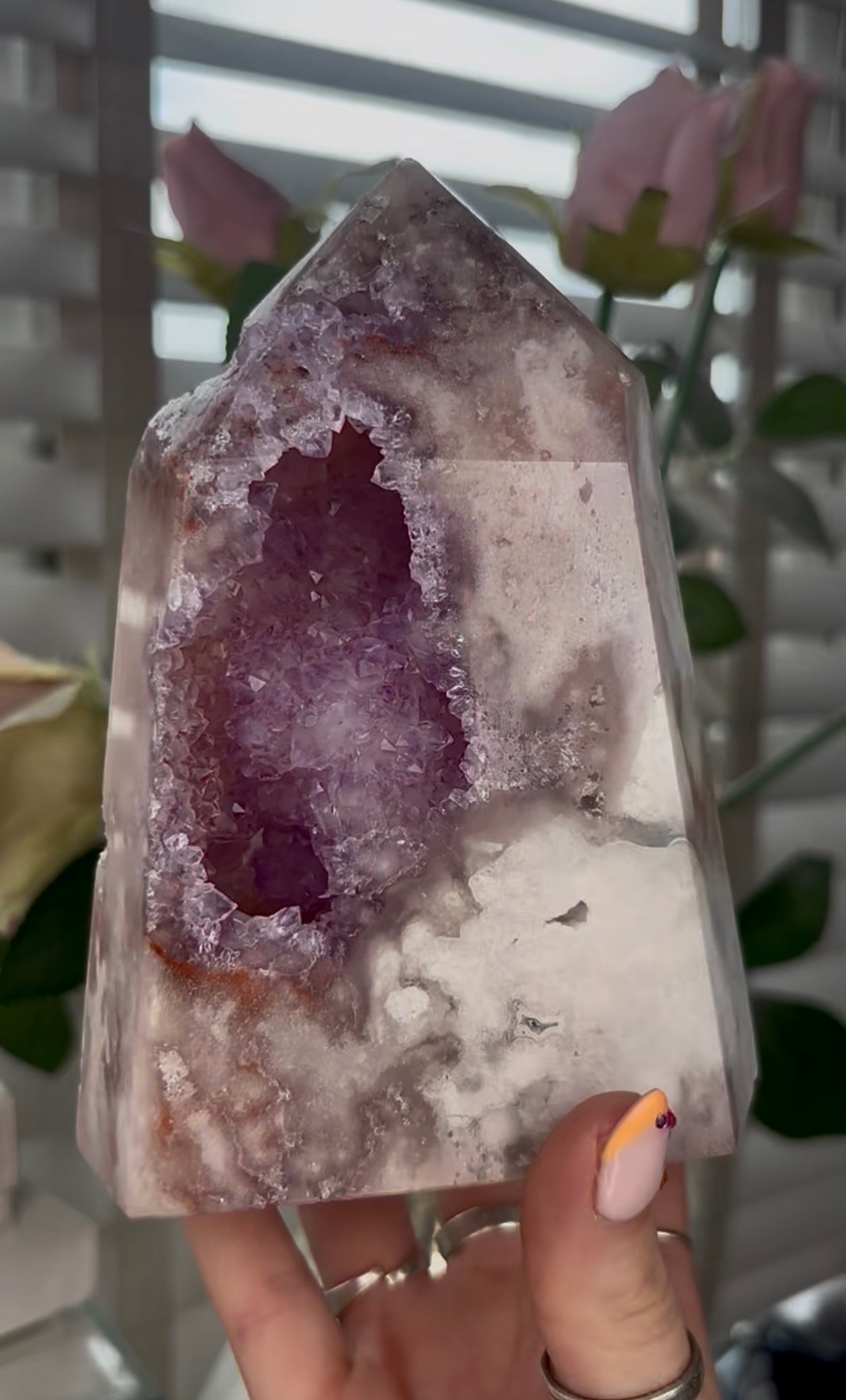 Huge, Beautiful, Pink amethyst tower with purple quartz druzy