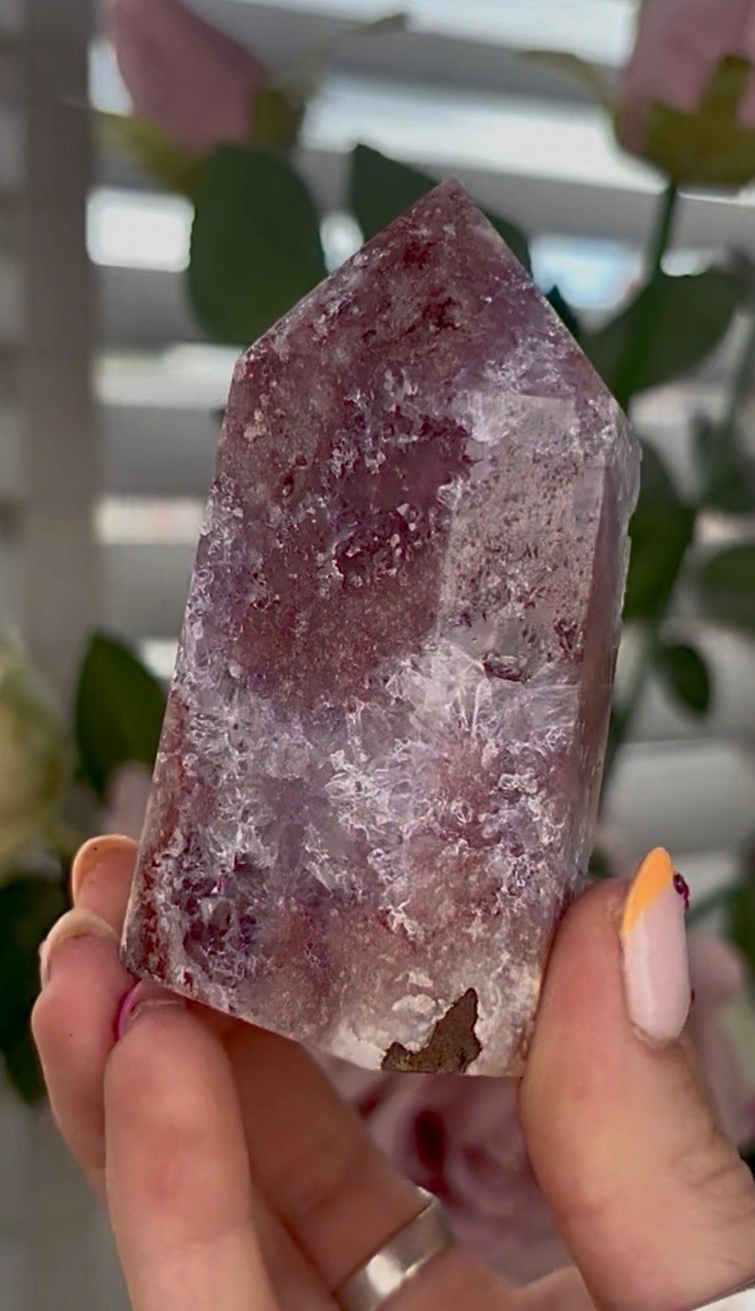 Pretty, high quality, Pink amethyst tower, with lilac quartz druzy