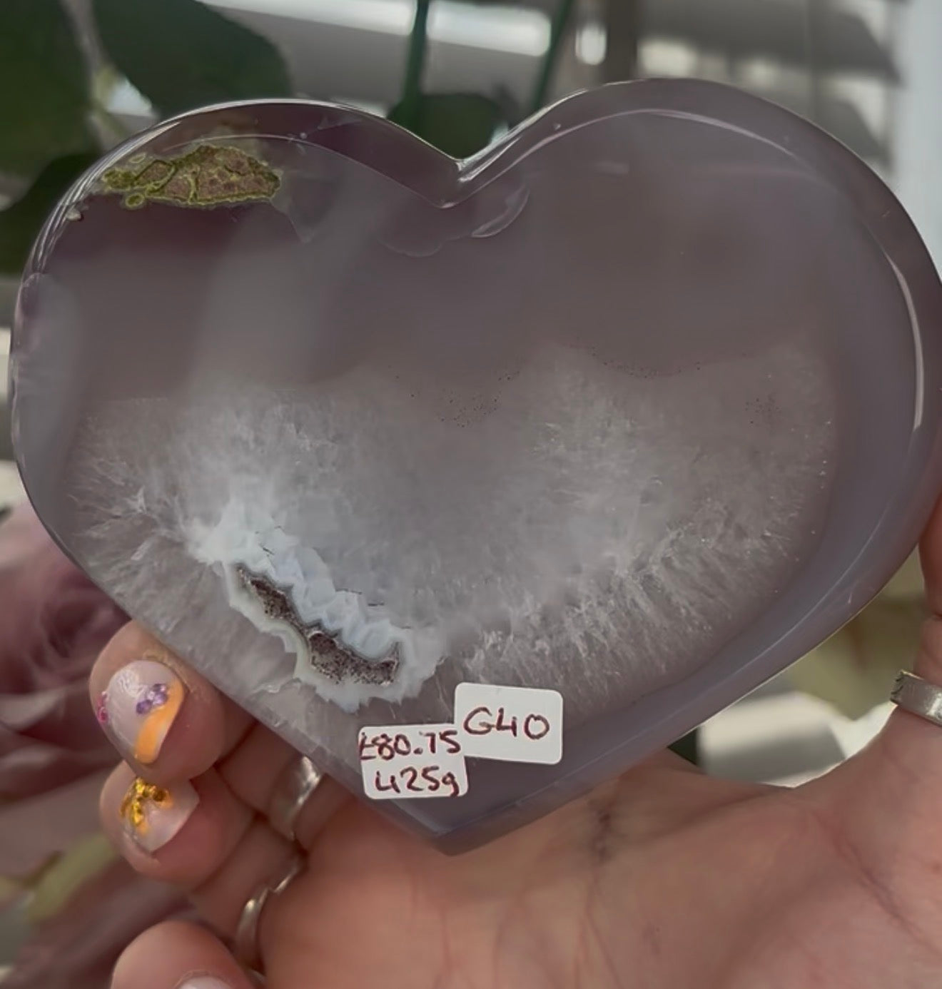 Beautiful, high quality, agate heart with druzy - stand included