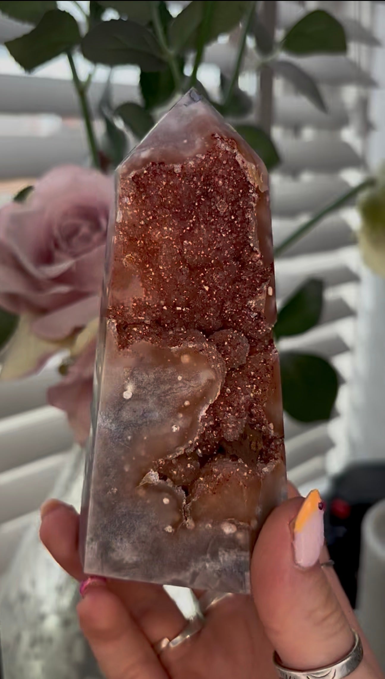 Beautiful, large, high quality, Pink amethyst tower with burnt orange/red druzy