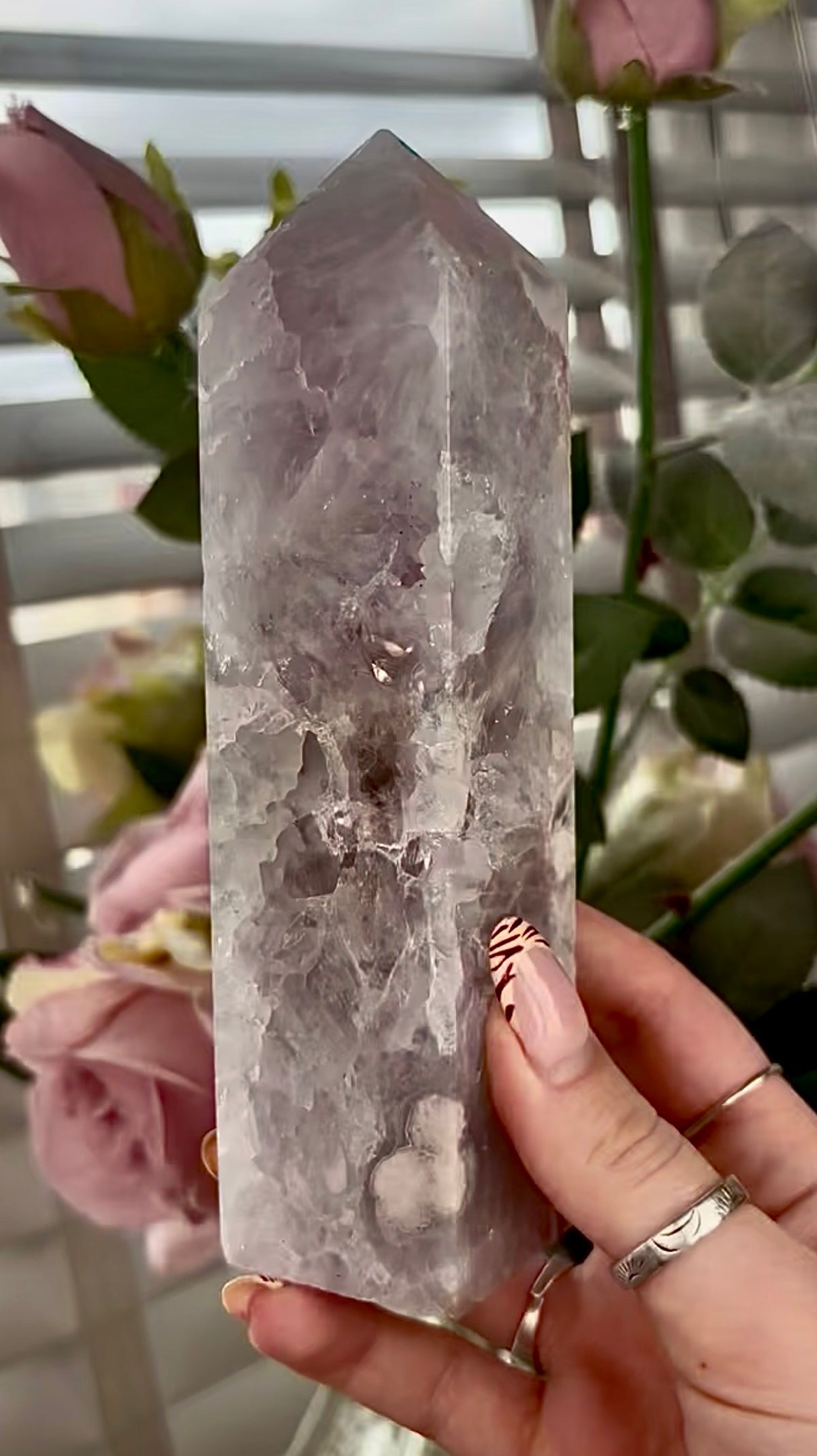 Stunning!! Super high quality, Druzy, green chlorite x blue flower agate tower