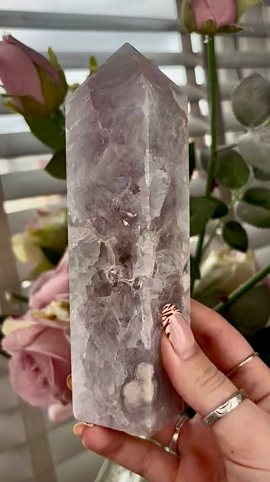 Stunning!! Super high quality, Druzy, green chlorite x blue flower agate tower