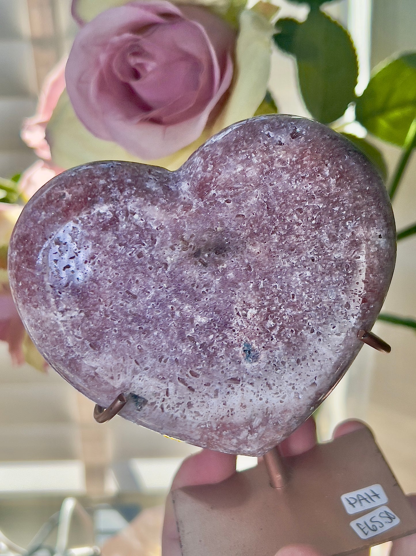 pink amethyst heart - comes with stand