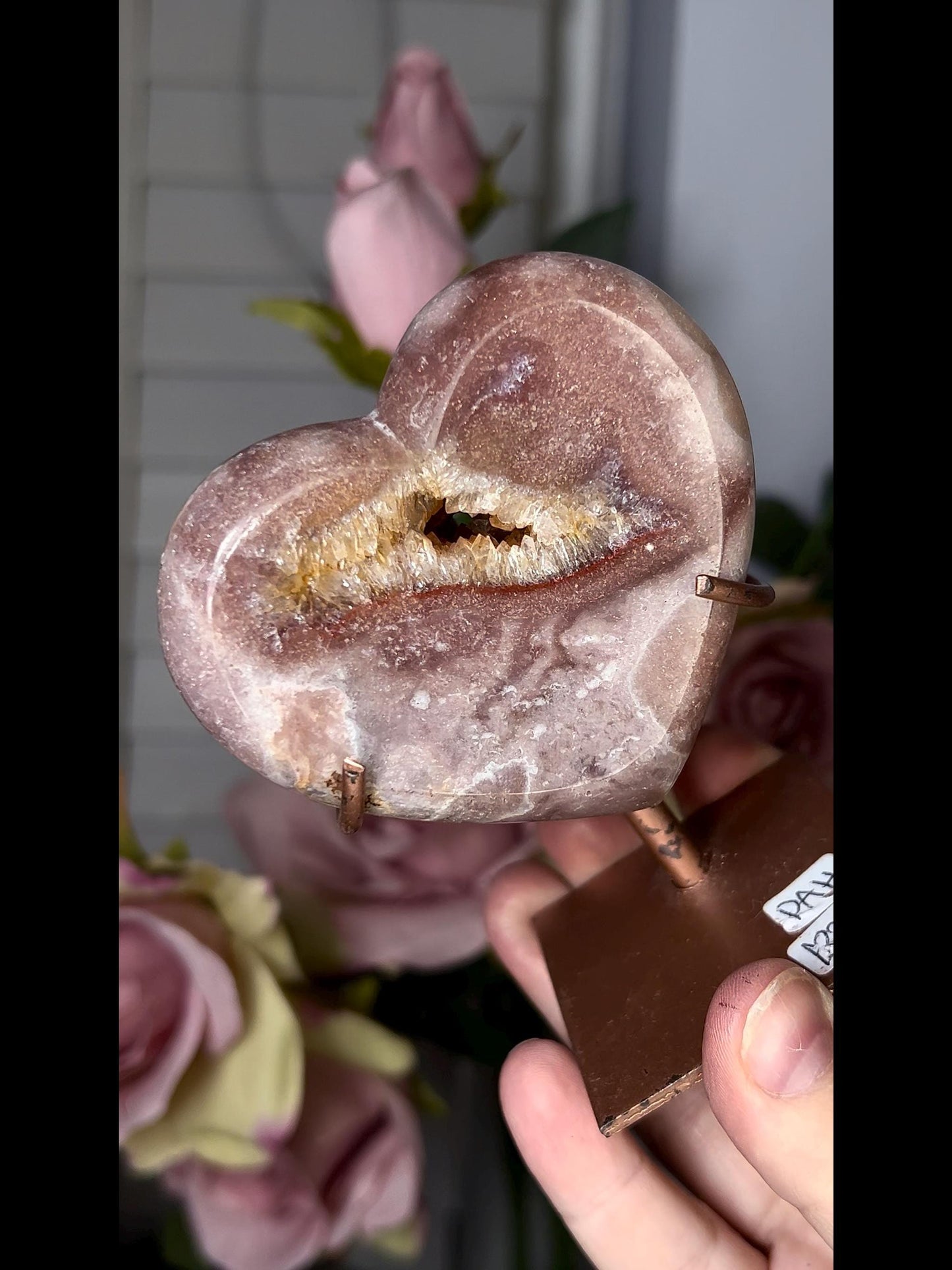 pink amethyst heart in deep pink tones and quartz druzy with red hematite lining, comes with stand that is scratched (discount added)