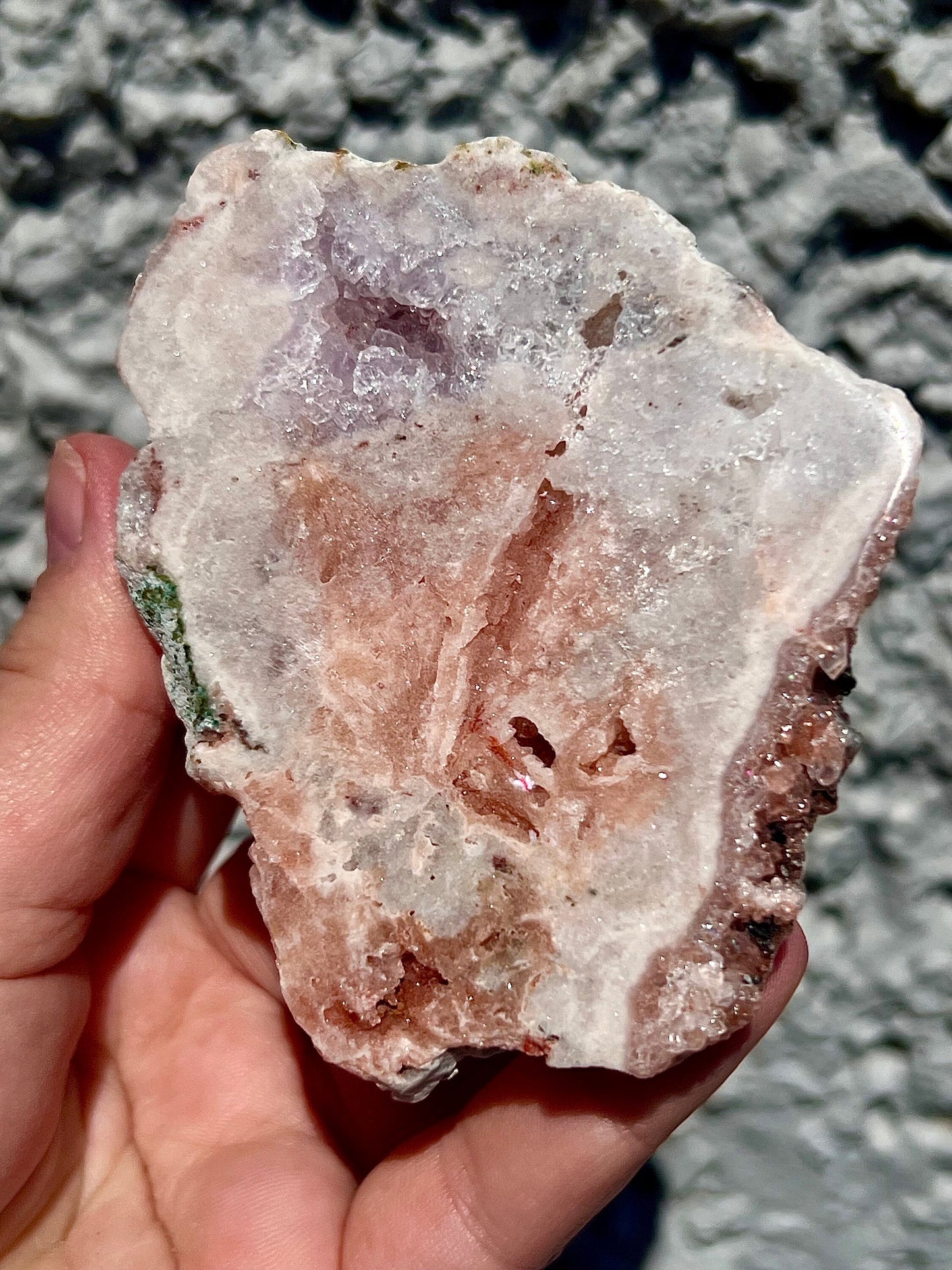 high quality pink amethyst slab with peach and purple tones and rutile formations