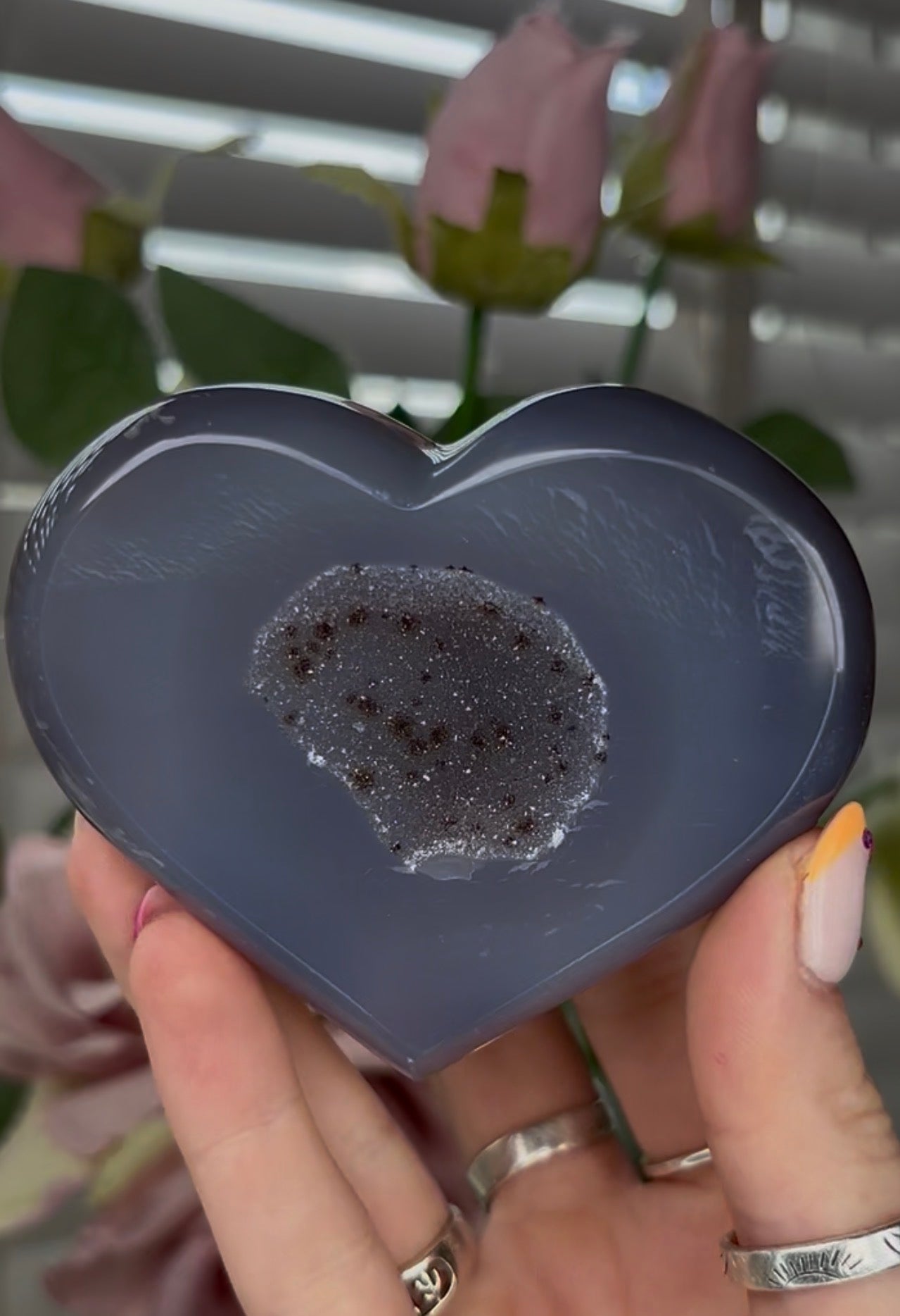 Beautiful, high grade, blue agate heart with druzy - comes with stand