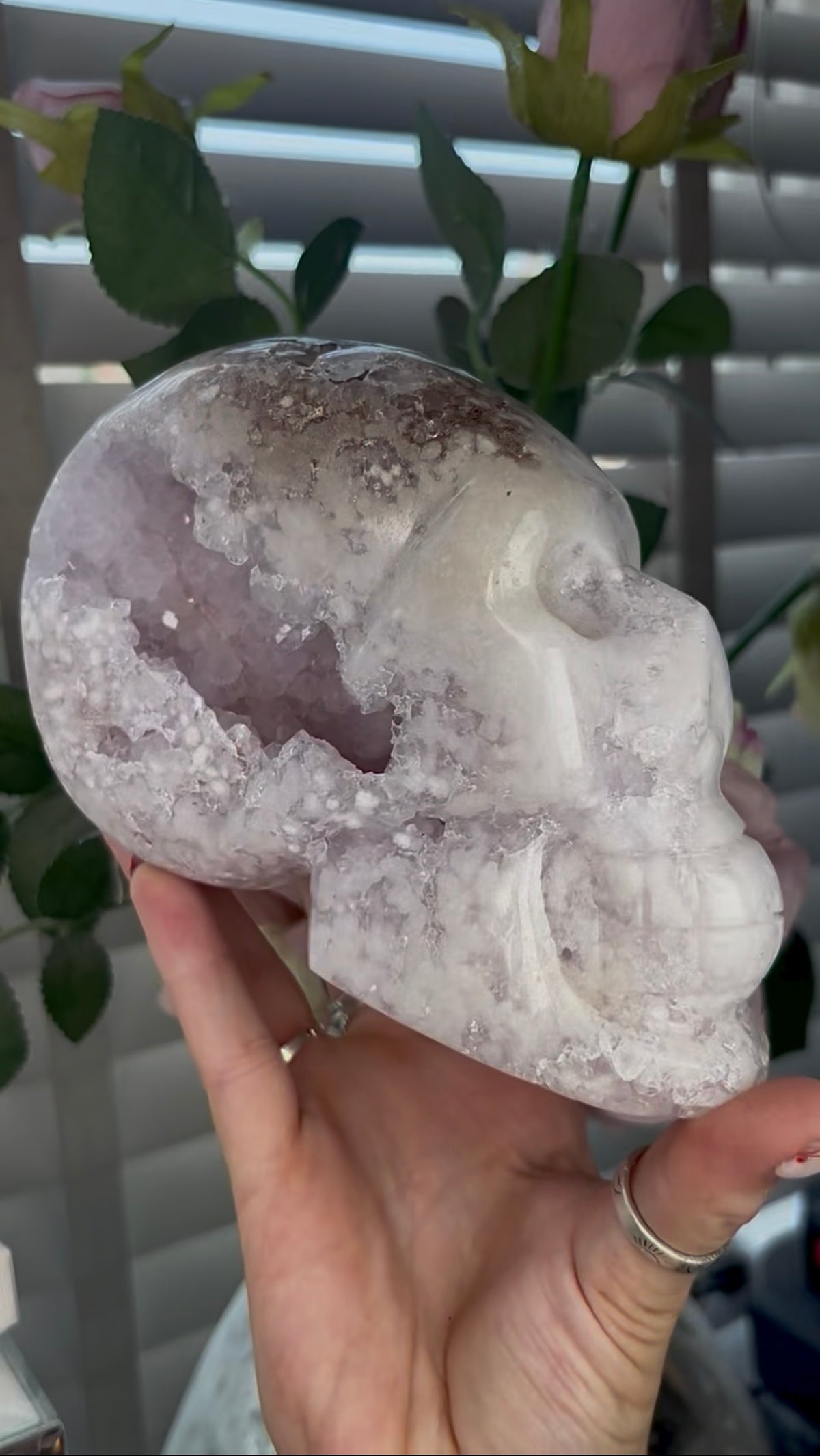 High grade, pink amethyst skull carving with chunky druzy