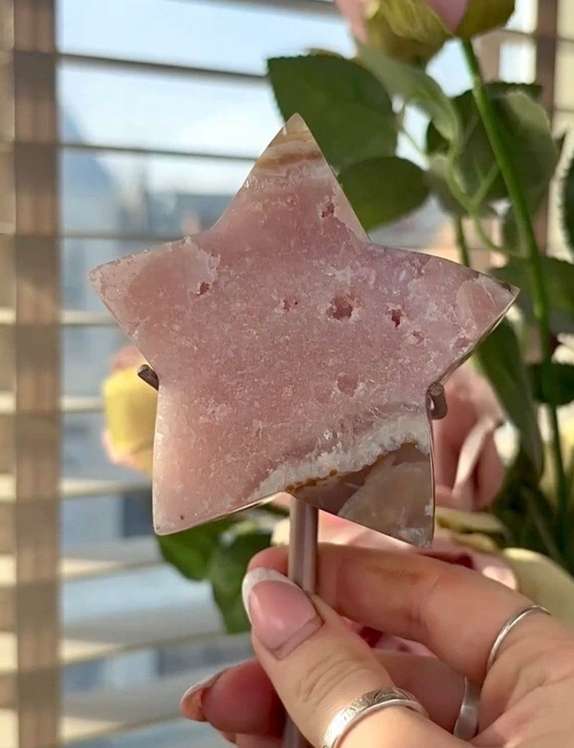High quality pink amethyst star with agate - comes with stand