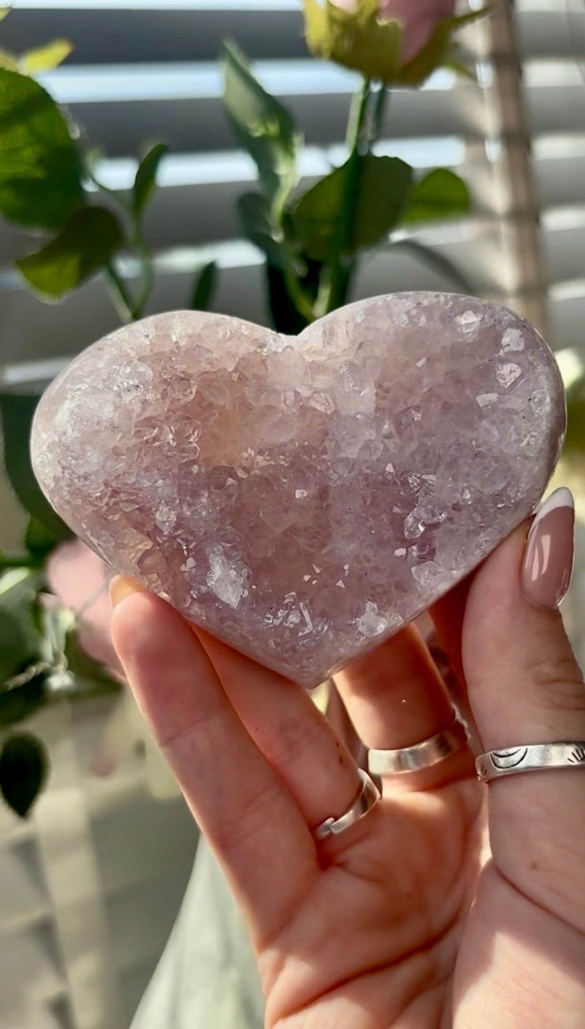 Gorgeous, high quality, pink amethyst quartz heart- comes with stand