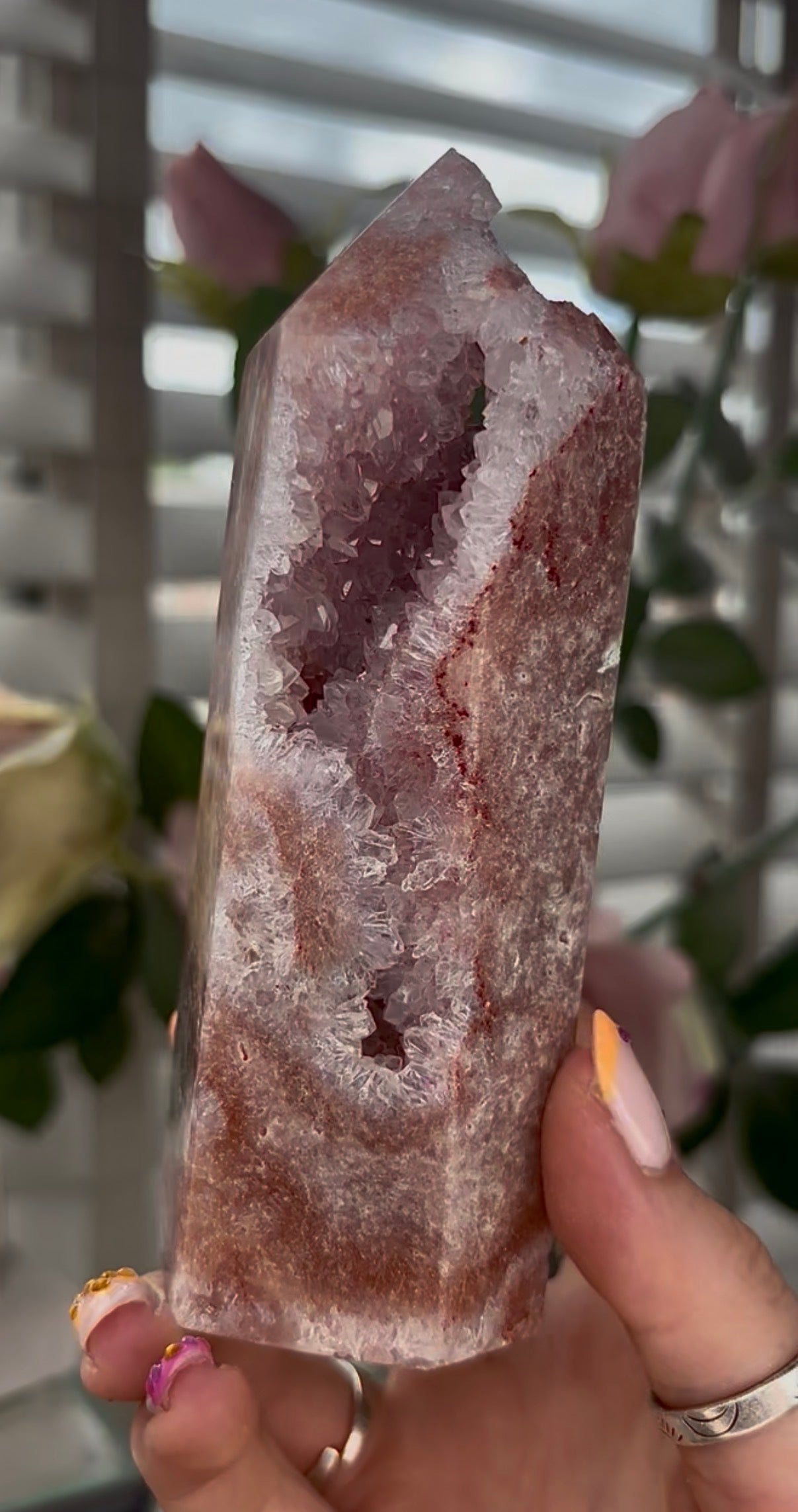Pretty, Pink amethyst tower with quartz druzy