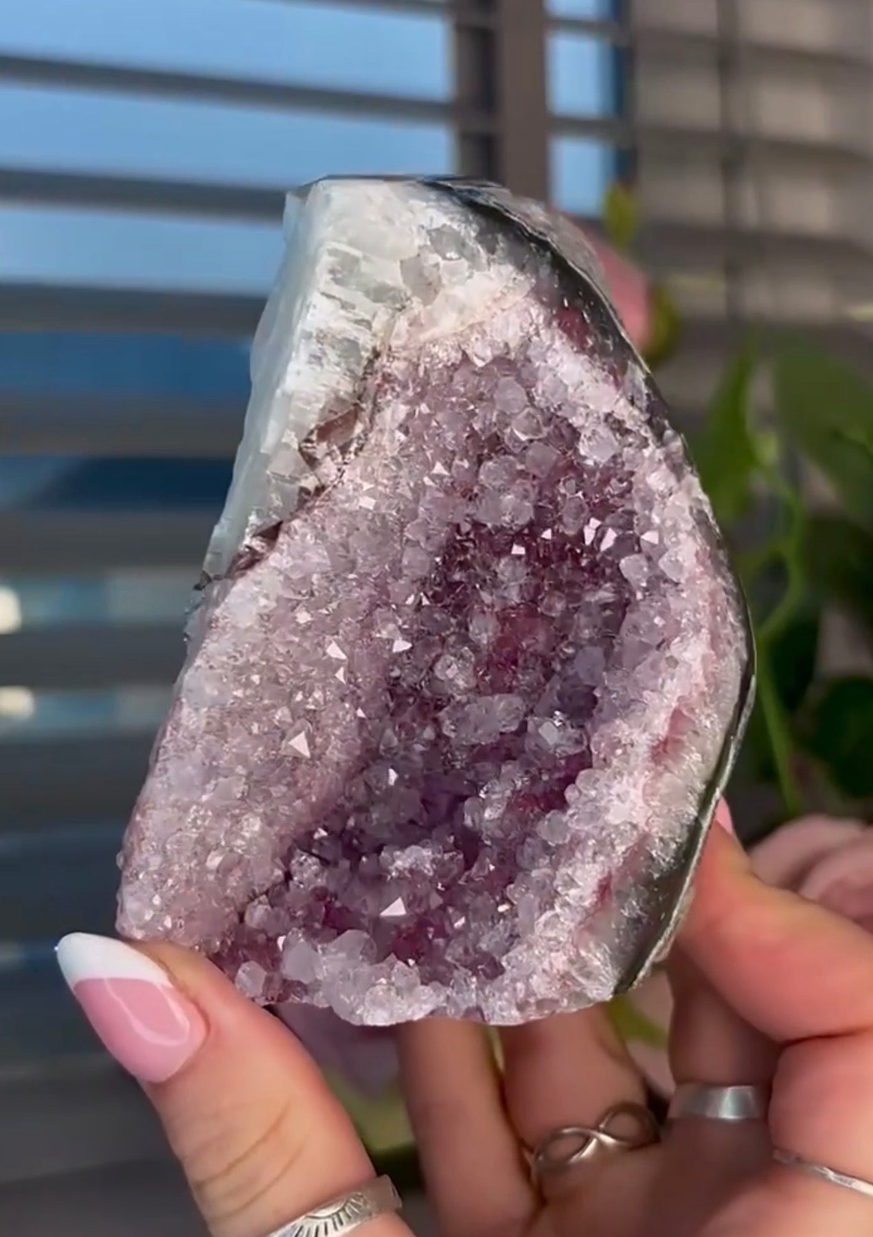 High quality, lavender, pink toned, double cave rainbow amethyst, cutbase with calcite