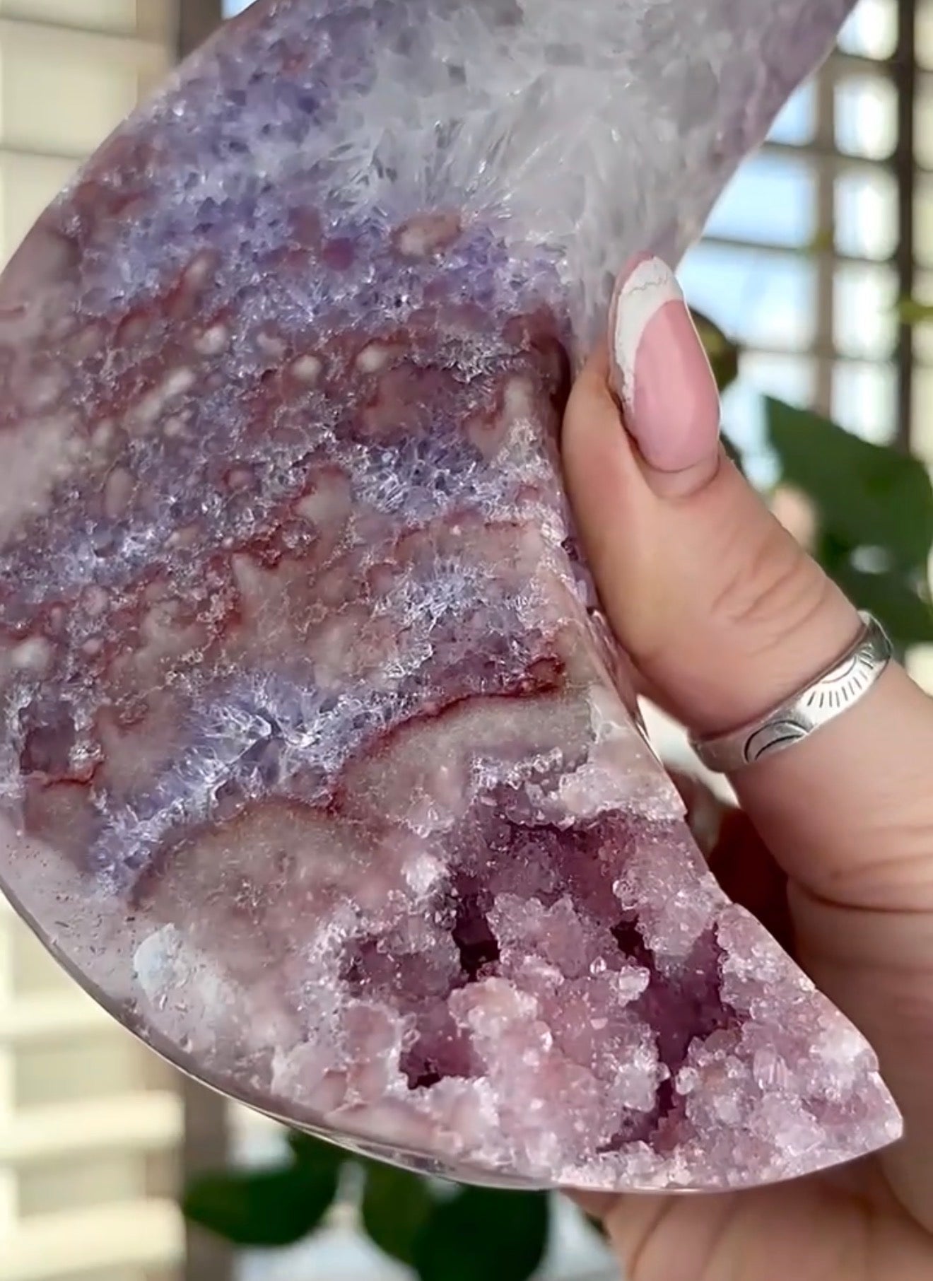 High grade, pink amethyst moon with quartz - comes with stand